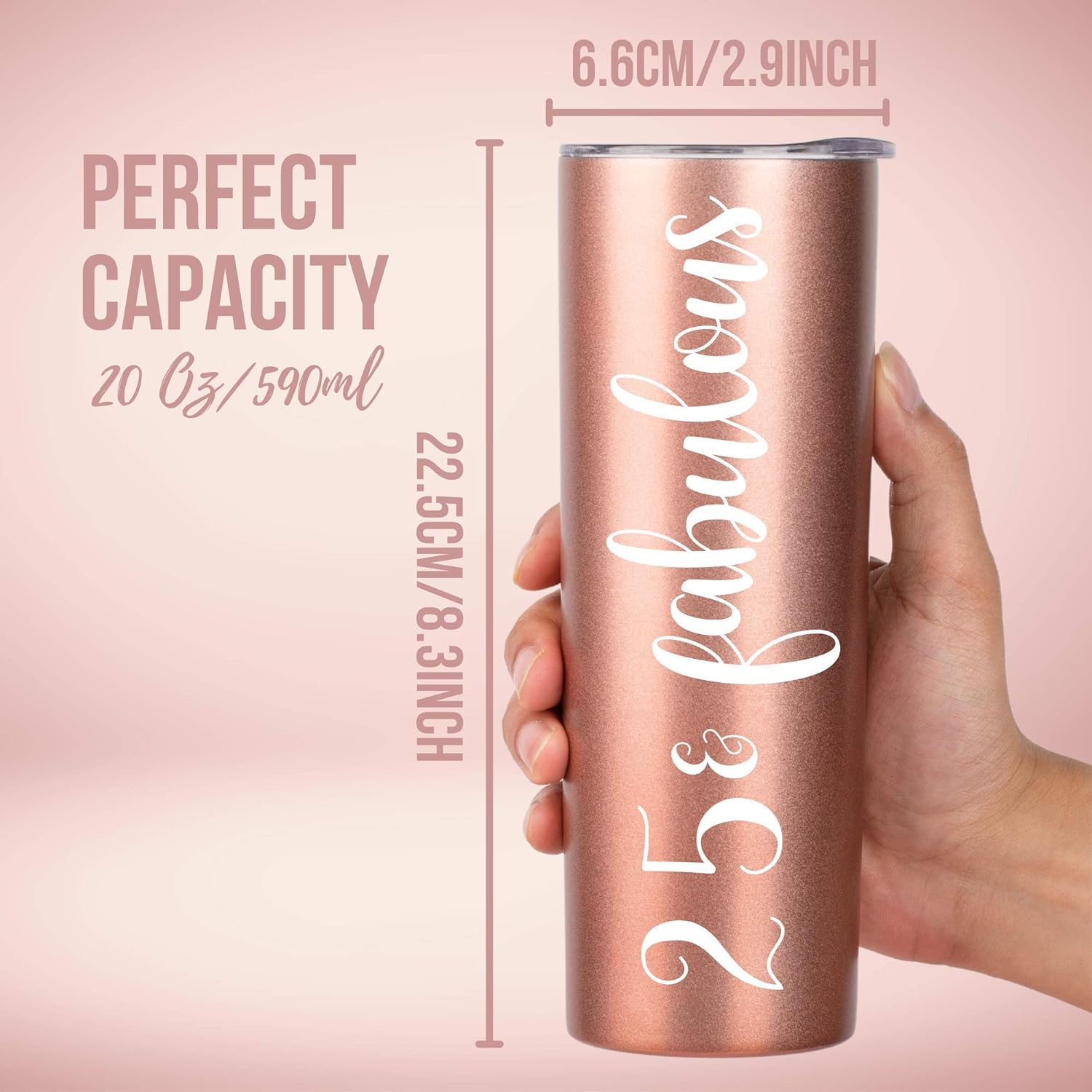 Onebttl 25th Birthday Gifts for Women, 25 & Fabulous, 20 Oz Insulated Stainless Steel Skinny Wine Tumbler for Best Friend, Sister, Coworkers, Rose Gold - Image 3