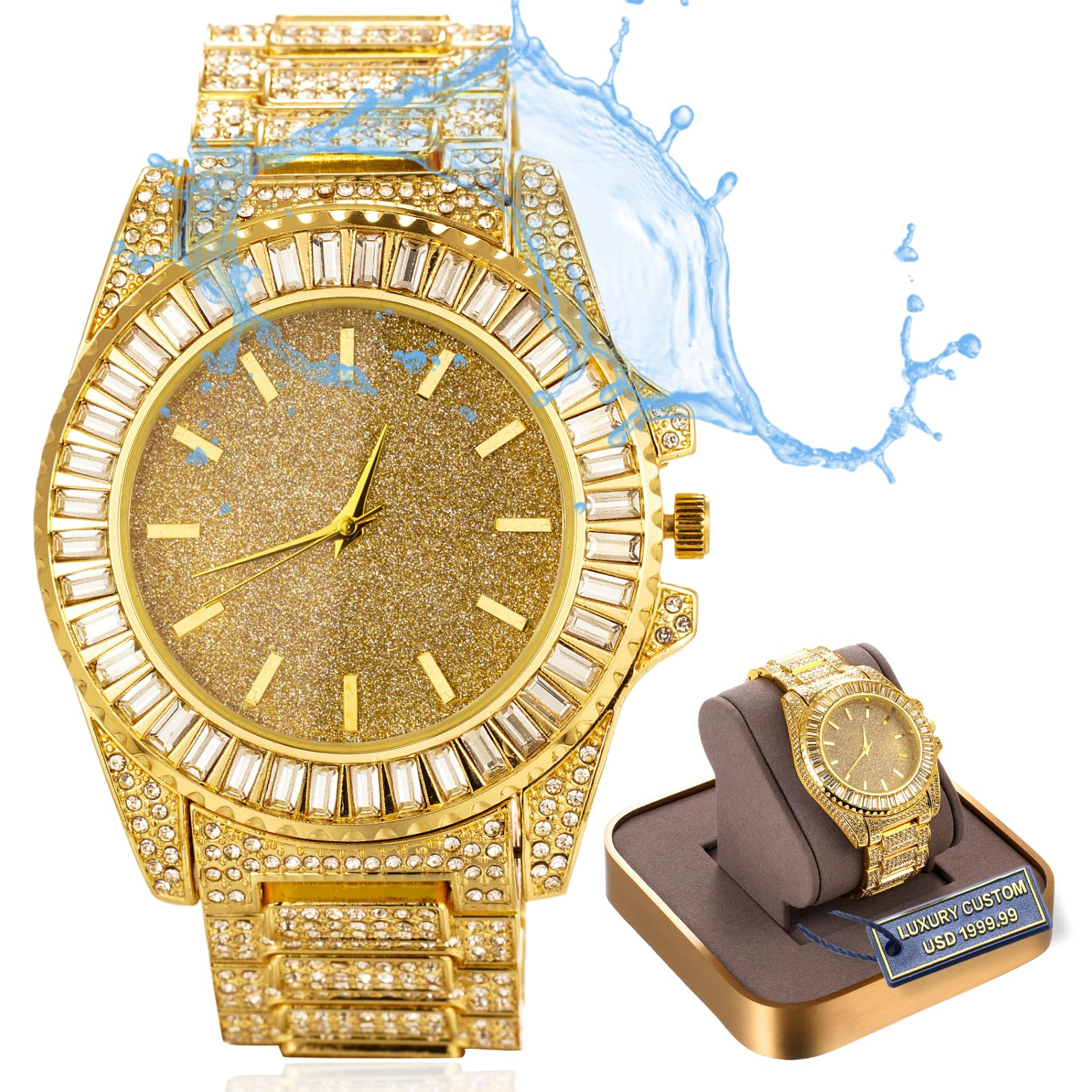 HalukakahMoissanite Diamond Gold Watch for Men,Luxury 18k Real Gold//Platinum White Gold Plated,Basic Waterproof,Starlight Sparking Dial with Square Diamonds,Iced Out,9.5" Wristband,Giftbox Included,Luxury Gift for Son Grandson Dad Husband Boyfriend