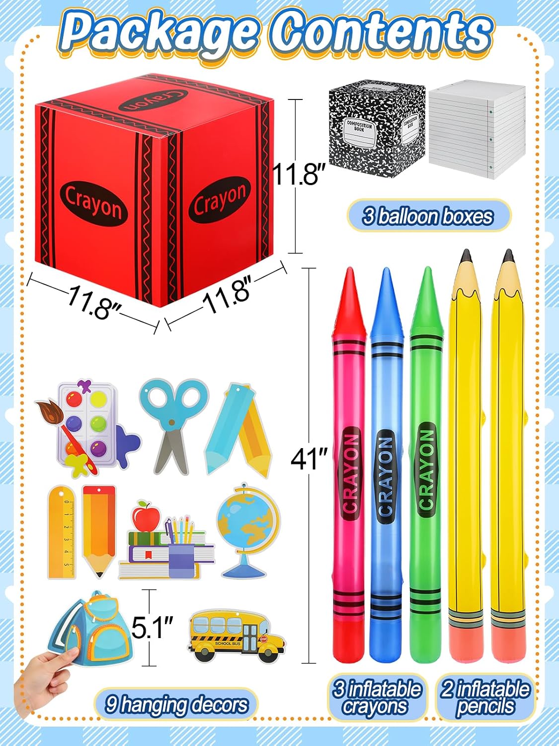 Acostop Back to School Decorations Set for Elementary First Day of School | 3 Pcs 11.8" Composition Notebook Themed Cardstock Boxes, 3 Pcs Inflatable Crayon, 2 Pcs Inflatable Pencil, 9pcs Hanging Decor