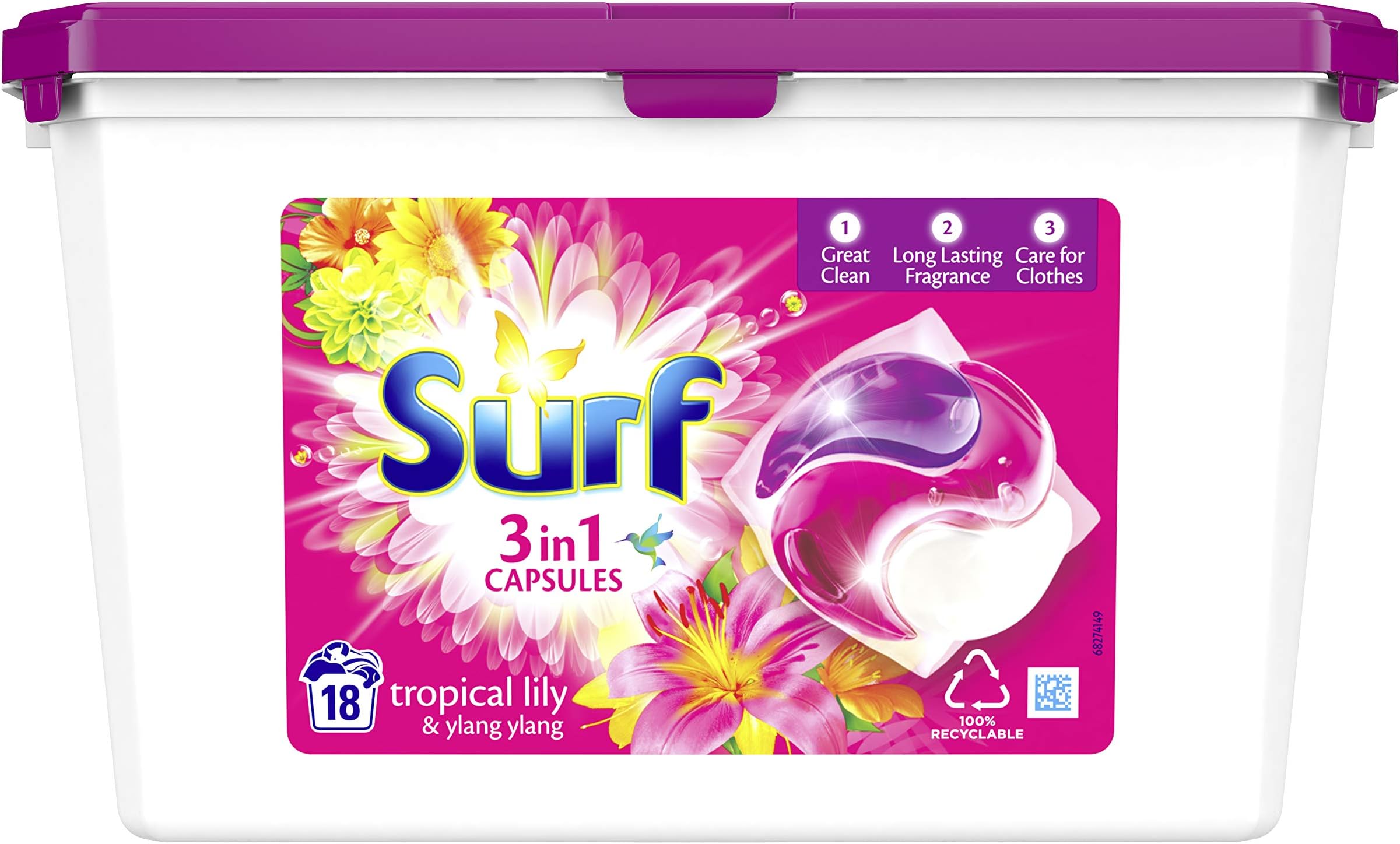 Surf 3-in-1 Tropical Lily & Ylang-Ylang with Long-Lasting Fragrance Washing Capsules for Brilliantly Clean Laundry 18 Washes (Pack of 3)