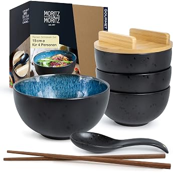 moritz & moritz 4 x solid ramen bowl ceramic   600 ml   15 cm diameter   black blue ramen bowl set for 4 people   for soup pho and sushi bowl   includes sticks lid and spoon