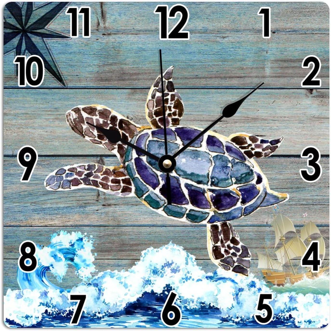 Vinisong Clock for Wall Antique Nautical Coastal Sea Turtle Clocks Watercolor Sea