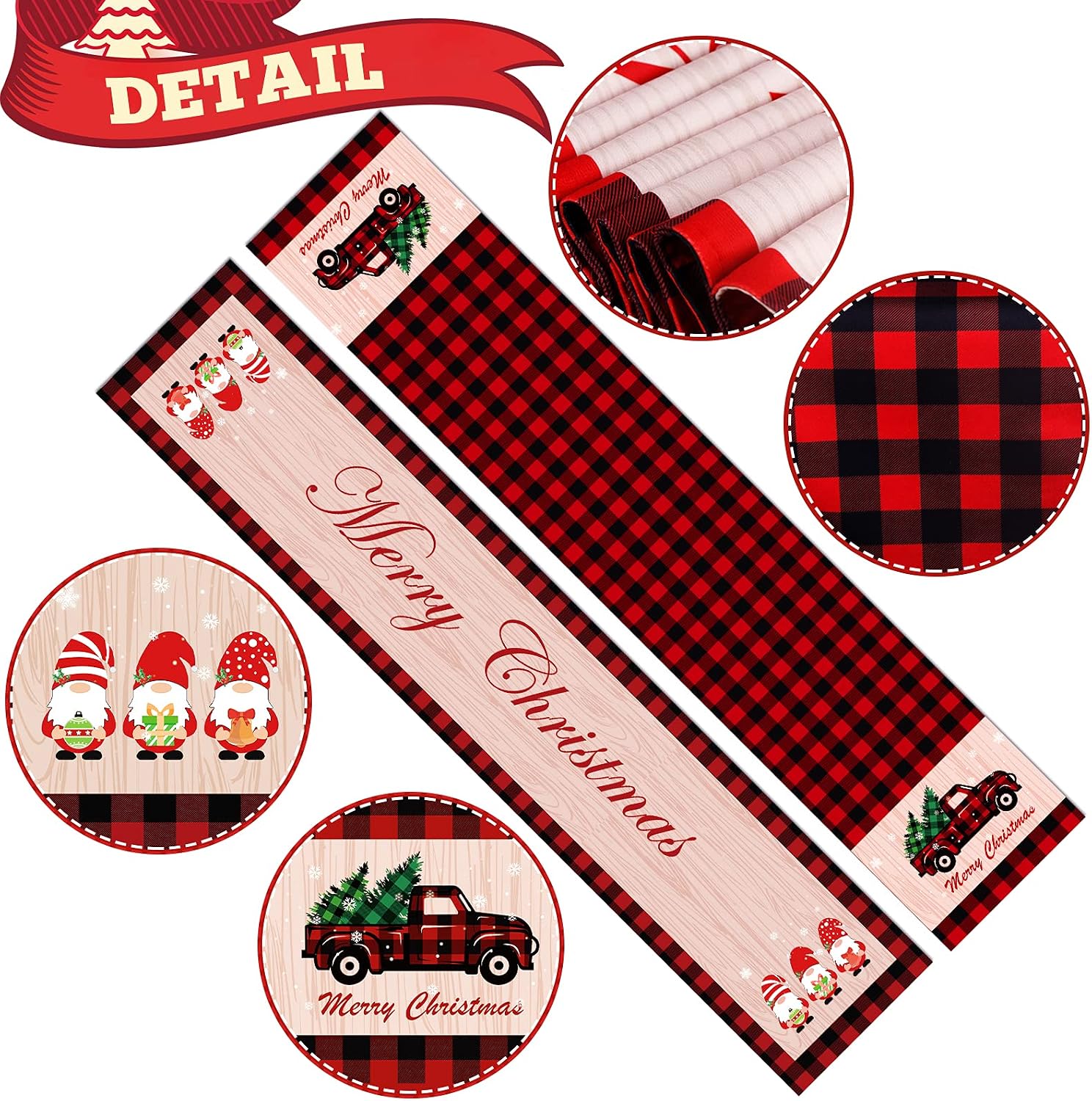 AerWo Christmas Table Runner, Red and Black Buffalo Plaid Table Runners with Red Truck and Swedish Gnomes, Reversible Buffalo Check Table Runner for Christmas Holiday Table Decorations 13 x 72 Inch