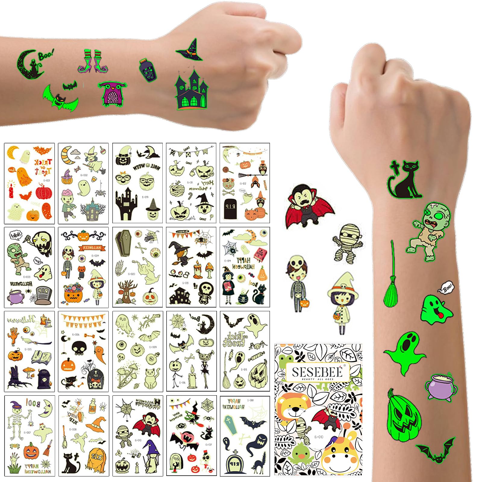 SeseBee 200 PCS Halloween Temporary Tattoos,Glow Halloween Tattoos for Kids, Waterproof Kids Temporary Tattoos, Fun Halloween Party Favors Game Supplies, Trick or Treat Gifts for Kids Boys and Girls