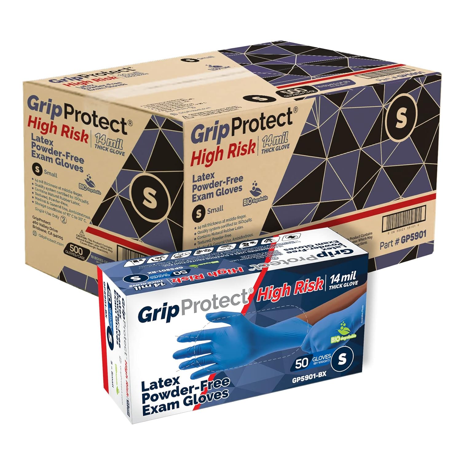 GripProtect High Risk 14 Mil Latex Exam Gloves | Powder-Free Disposable Gloves | Medical, Law Enforcement, EMS, First Responder (Large 500)