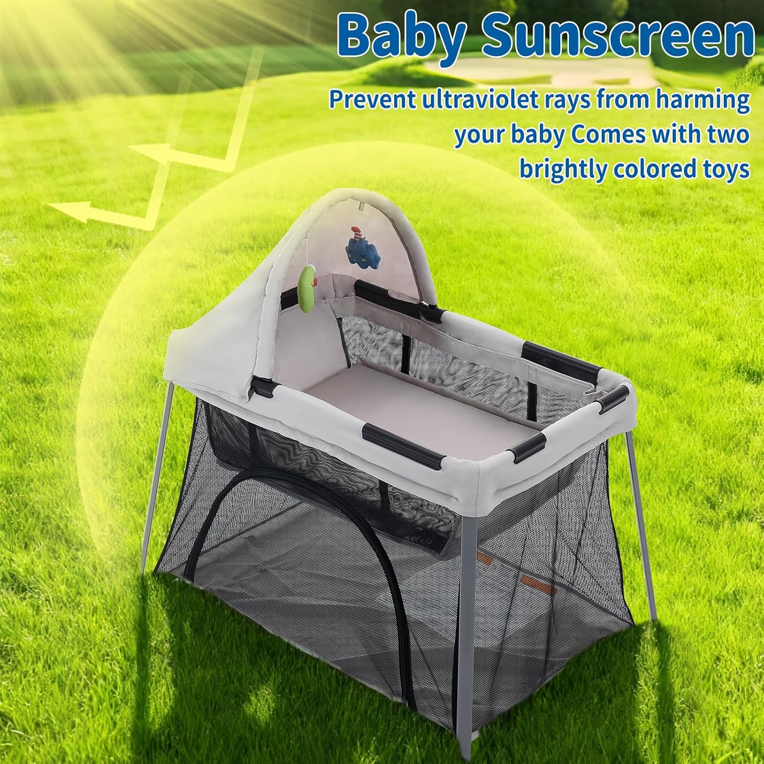 Portable Travel Crib for Baby & Toddler, Gentle Monster Lightweight 2 in 1 Baby Travel Pack and Play Bassinet with Mattress and Sunshade, Foldable Travel Crib Mini Playpen Playard for Indoor Outdoor