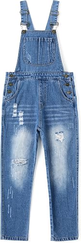 KIDSCOOL SPACE Girls Big Bibs Pockets Ripped Holes Washed Cotton Jeans Overalls,