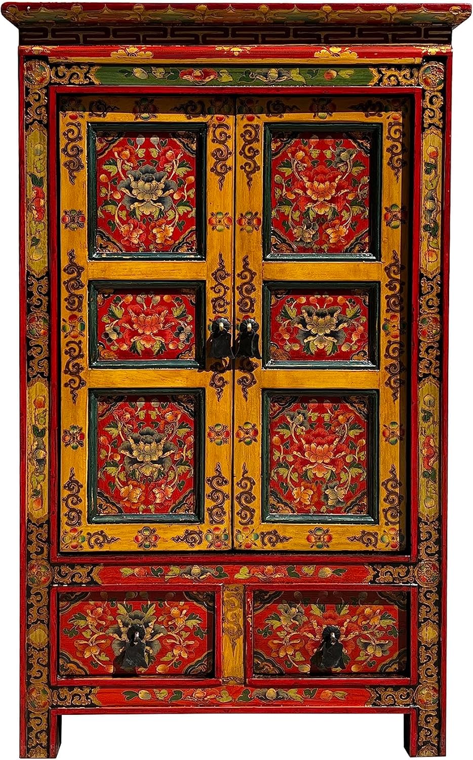 Tibetan Orange Yellow Jewel Floral Tall End Table Nightstand Cabinet Acs7625