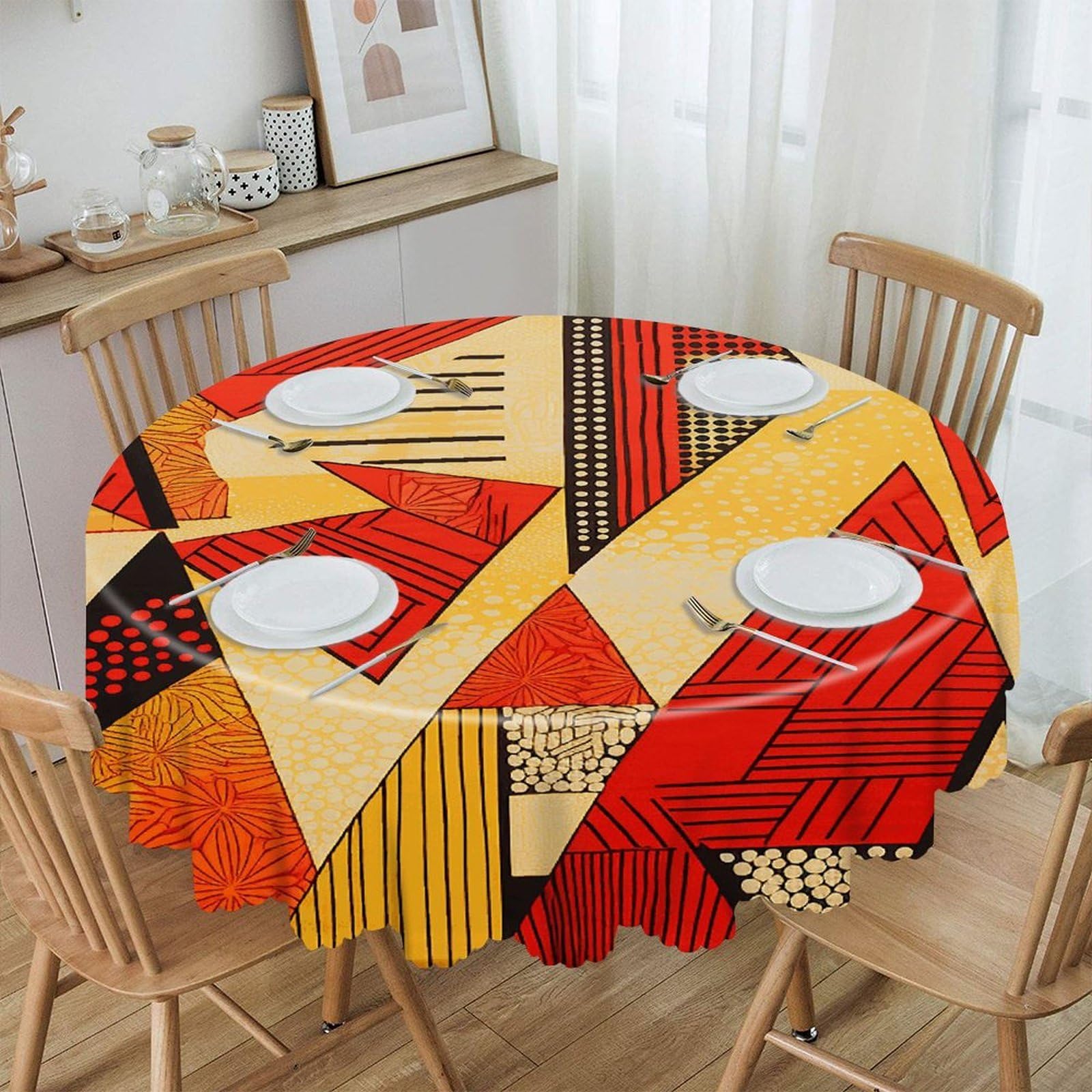 VstaDank African Style Prints Round Tablecloth 60 Inch Easy to Clean Circle Table Cover Thick Decorative Round Polyester Table Cloth for Dining Kitchen Party Farmhouse Outdoor