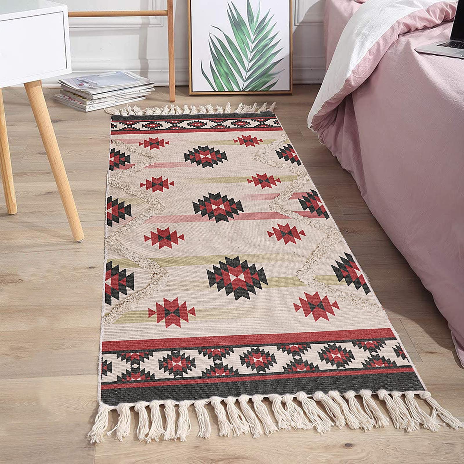 Dywan obszarowy, bawełniany dywan podłogowy Boho, tuftowany duży dywan obszarowy z frędzlami Ręcznie tkane dywaniki dekoracyjne do salonu Wystrój sypialni (Sintra 60 x 130 cm)