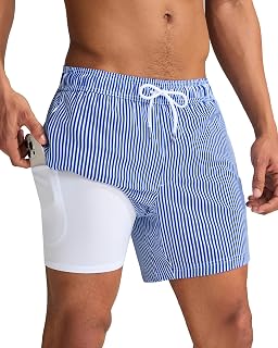 MaaMgic Men's 5" Swim Trunks with Compression Liner - Quick Dry No-Chafe Bathing Suit, Zipper Pockets Board Shorts