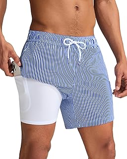 Mens Swim Trunks with Compression Liner 5 Inch, Quick Dry Bathing Suit with Zipper Pockets, No-Chafing Swim Shorts