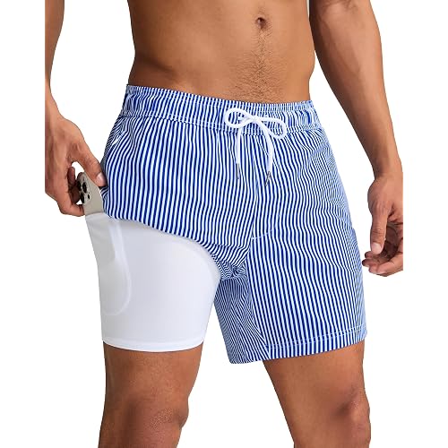 maamgic Mens Swim Trunks with Compression Liner 5 Inch, Quick Dry Bathing Suit with Zipper Pockets, No-Chafing Swim Shorts
