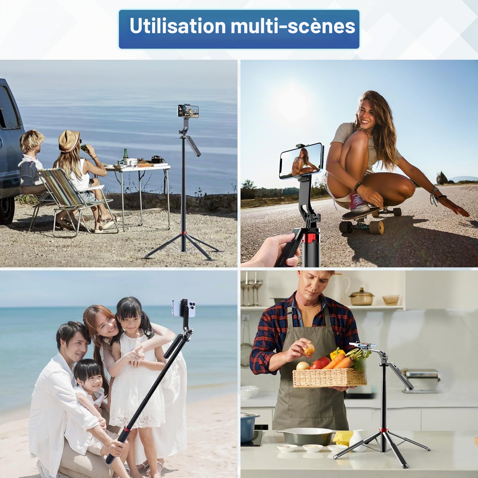 Trépied Selfie Stick, ULANZI Extensible 180CM Selfie Stick Quad Trépied avec Télécommande Bluetooth, Compatible avec Téléphone Mobile