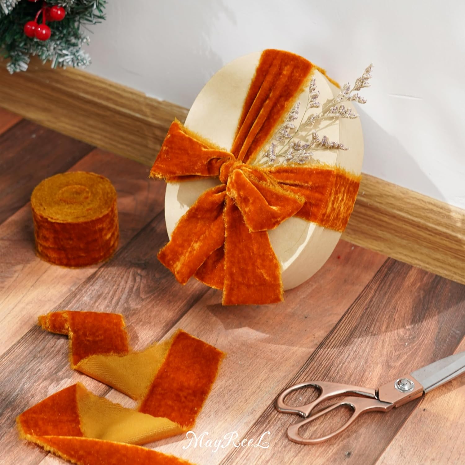 MAYREEL Terracotta Velvet Ribbon 2 Inch Hand Torn Burnt Orange Silk Frayed Edge Ribbon for Thanksgiving Bridal Bouquets Invitations Wedding Vow Books Gift Baskets 3 Yards