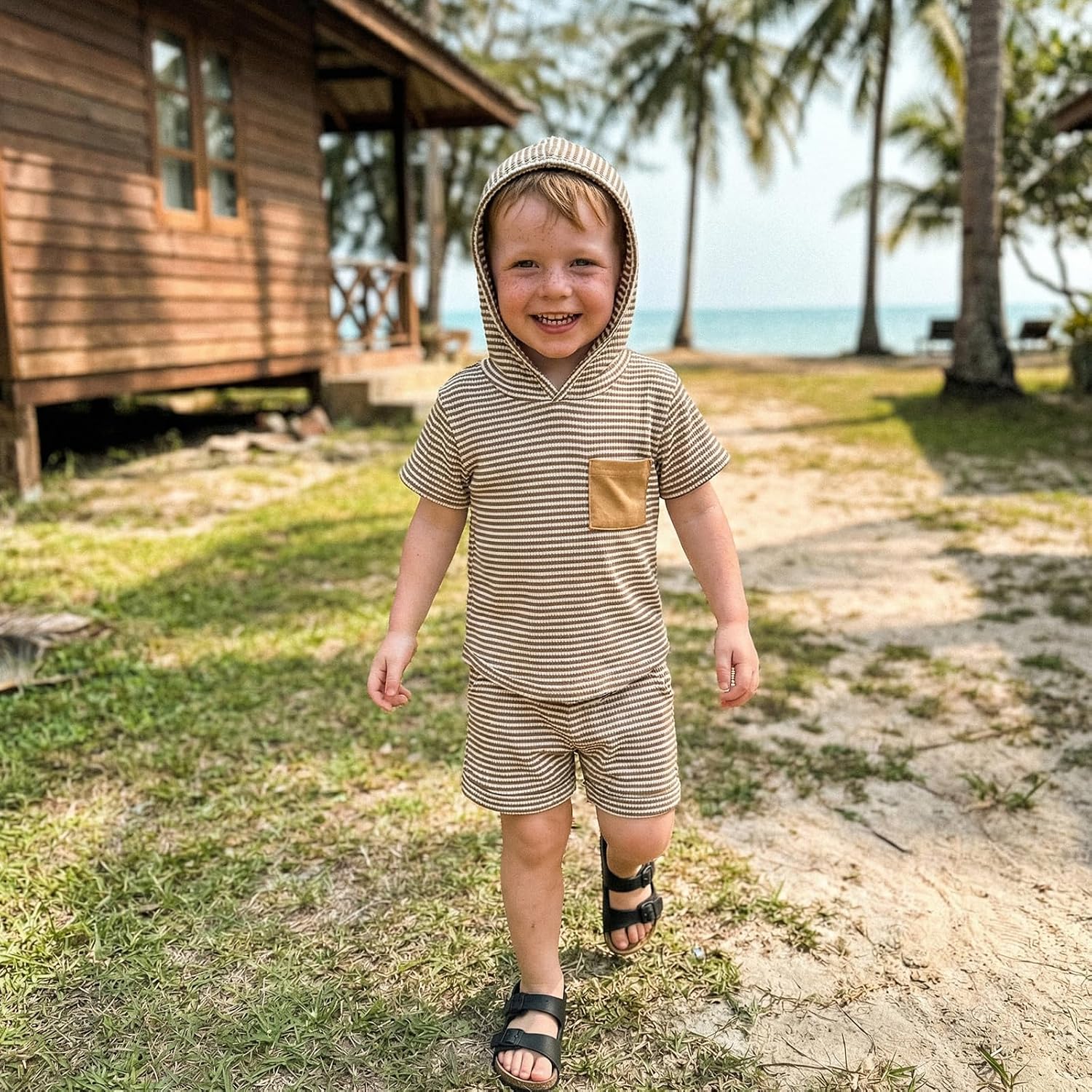 Toddler Baby Boy Summer Outfit Waffle Short Sleeve Hooded Stripes Tops Casual Shorts Set Infant Newborn Clothes image 3