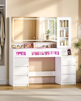 Hzuaneri Dressing Table with HD Large Mirror, RGB Light, Glass Tabletop