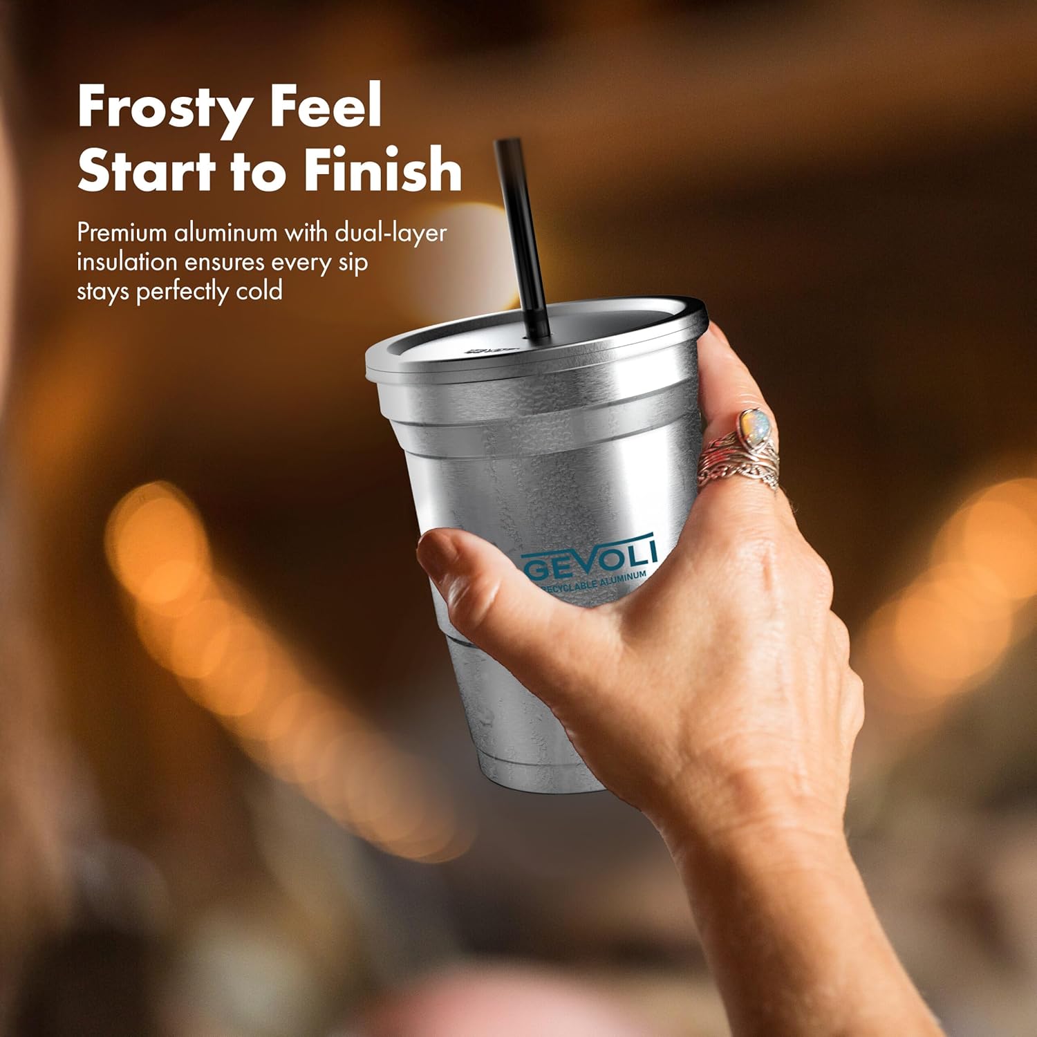 Aluminum Cups with Lids (20 Oz.) - Recyclable Sturdy Metal Cups and Leak-Proof Covers with Straw Hole (15 Sets) - Image 3