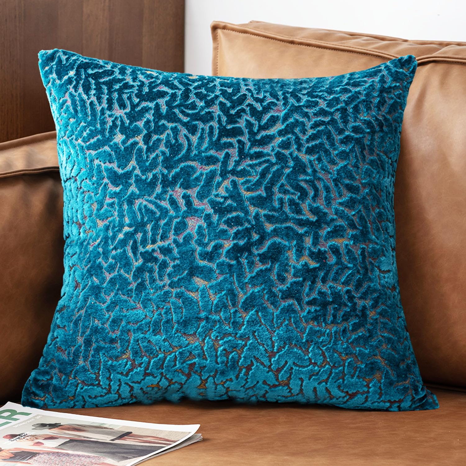 Photo 1 of VENTARASIL Velvet Throw Pillow Cover 18x18 Inch Teal Leaf Pattern