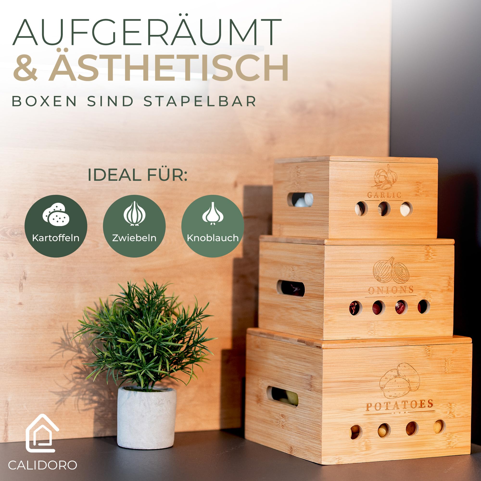 Premium Kartoffel Aufbewahrungsbox [3er Set] – Längerfrische Kartoffel Aufbewahrung, Knoblauch und Zwiebel Aufbewahrung – Bambus Holz Kartoffelbox, Zwiebeltopf, Knoblauchtopf