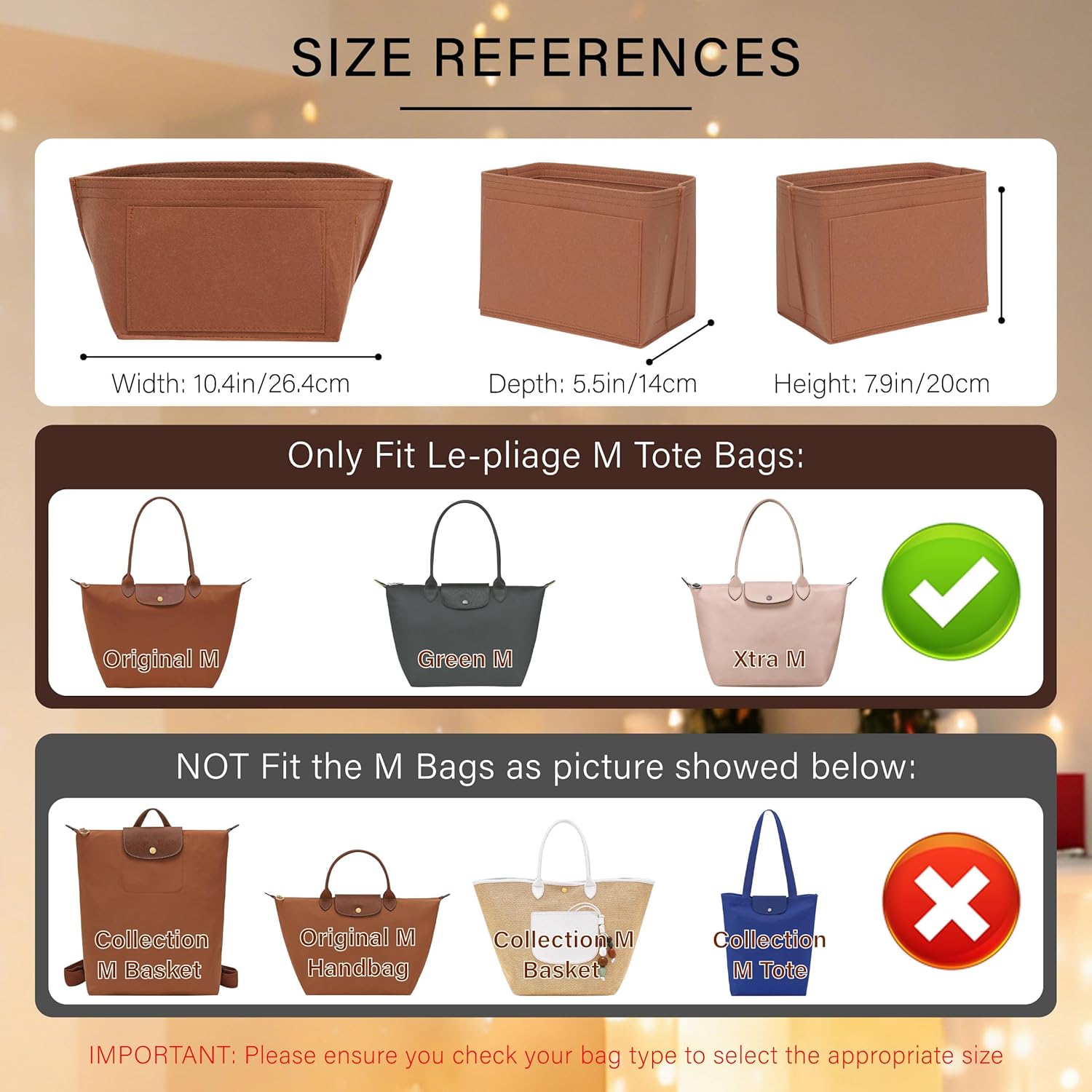 Lighweight Purse Organizer Insert for Longchamp Le Pliage M Tote Bag, Premium Felt Long Champ Medium Tote Divider with Cup Holder,Bags Storage Shaper with 8 Deepened Pockets,M/Gold-brown
