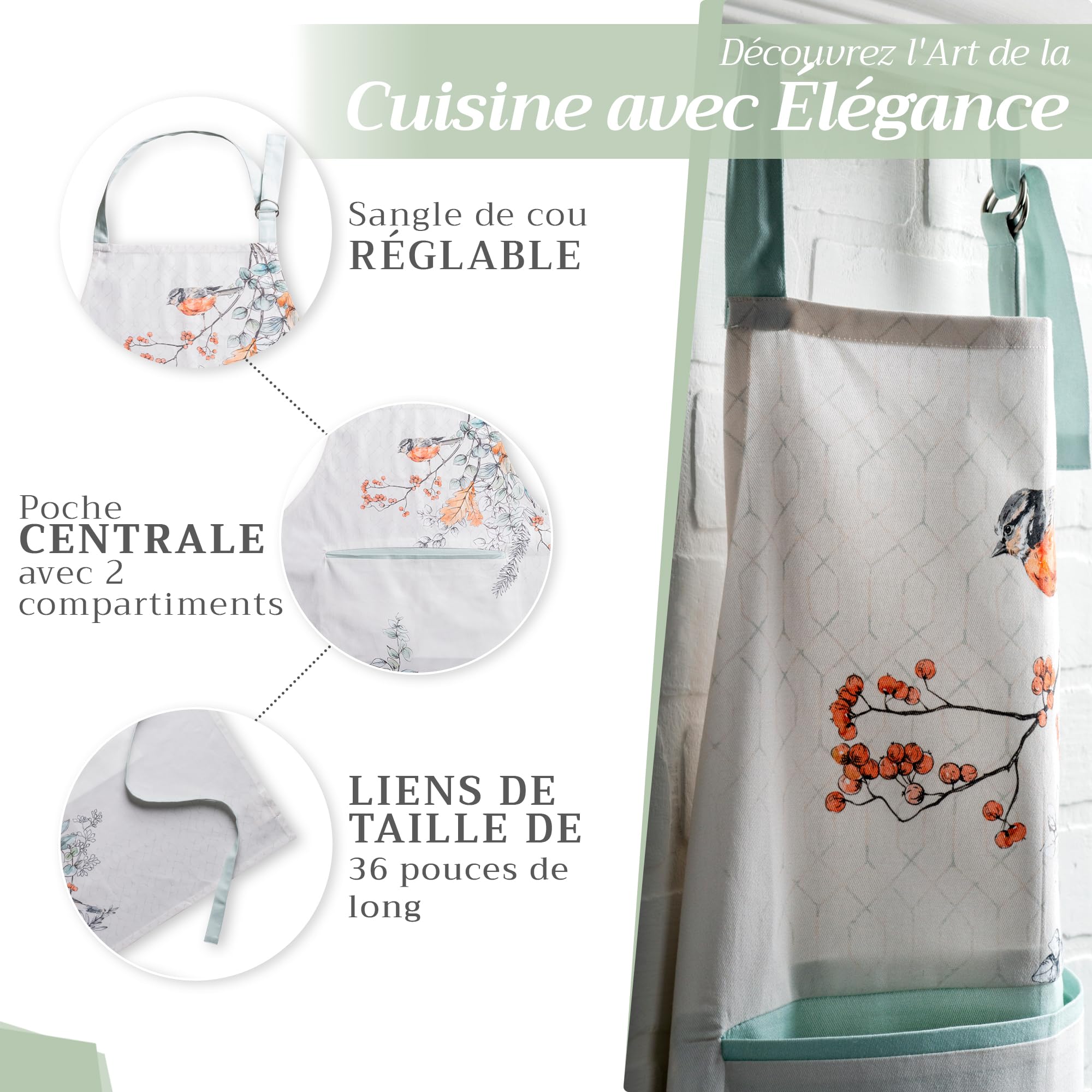 Maison d 'Hermine Delantal de Cocina Blanco Shabby Chique 100% algodón con Cuello Ajustable y Bolsillo Central Oculto Corbatas largas para Mujeres/Hombres, Chef, Restaurante, Hogar (70x85cm) Día Madre