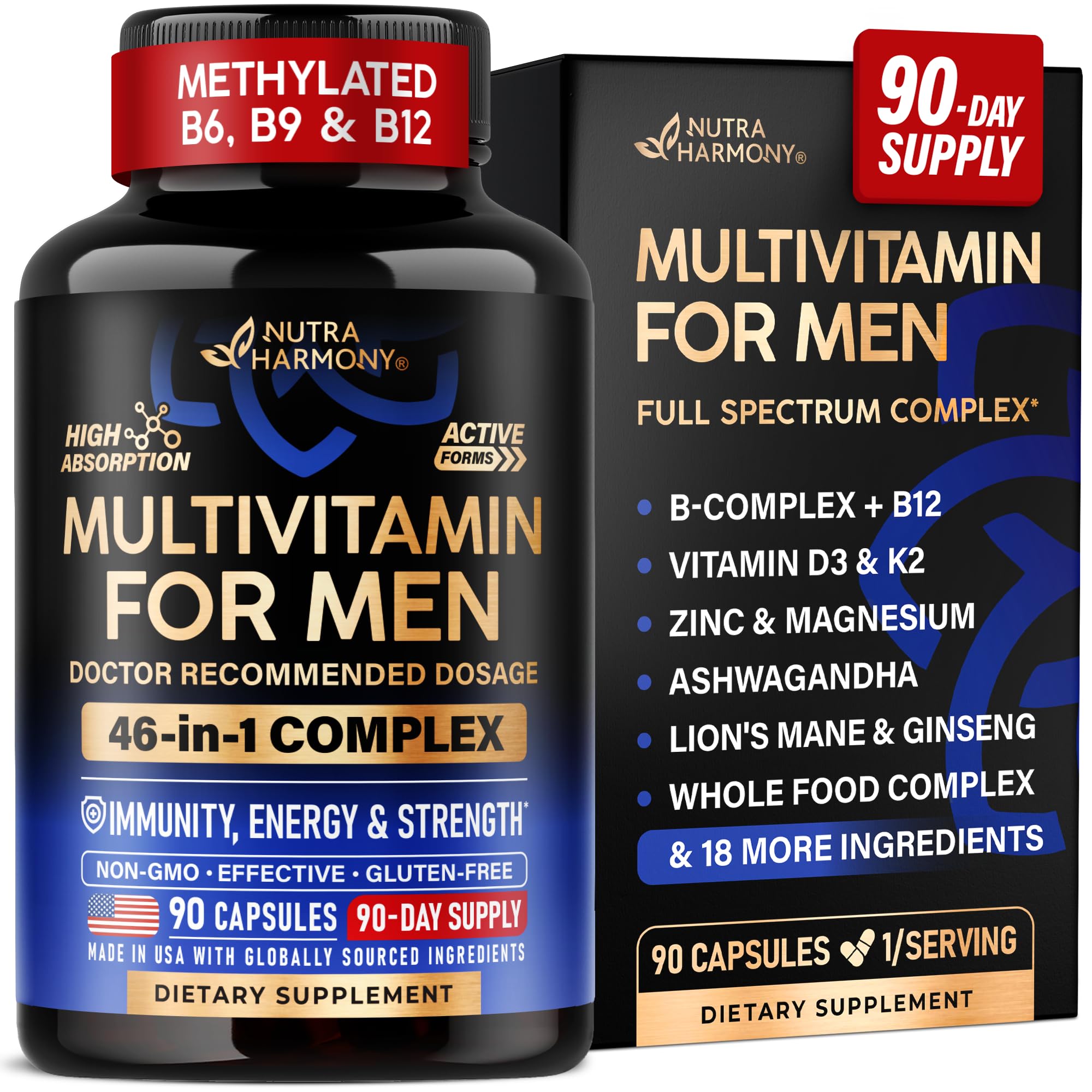 Multivitamin for Men - B-Complex & B12 | Whole Foods & Enzymes - 90 Caps