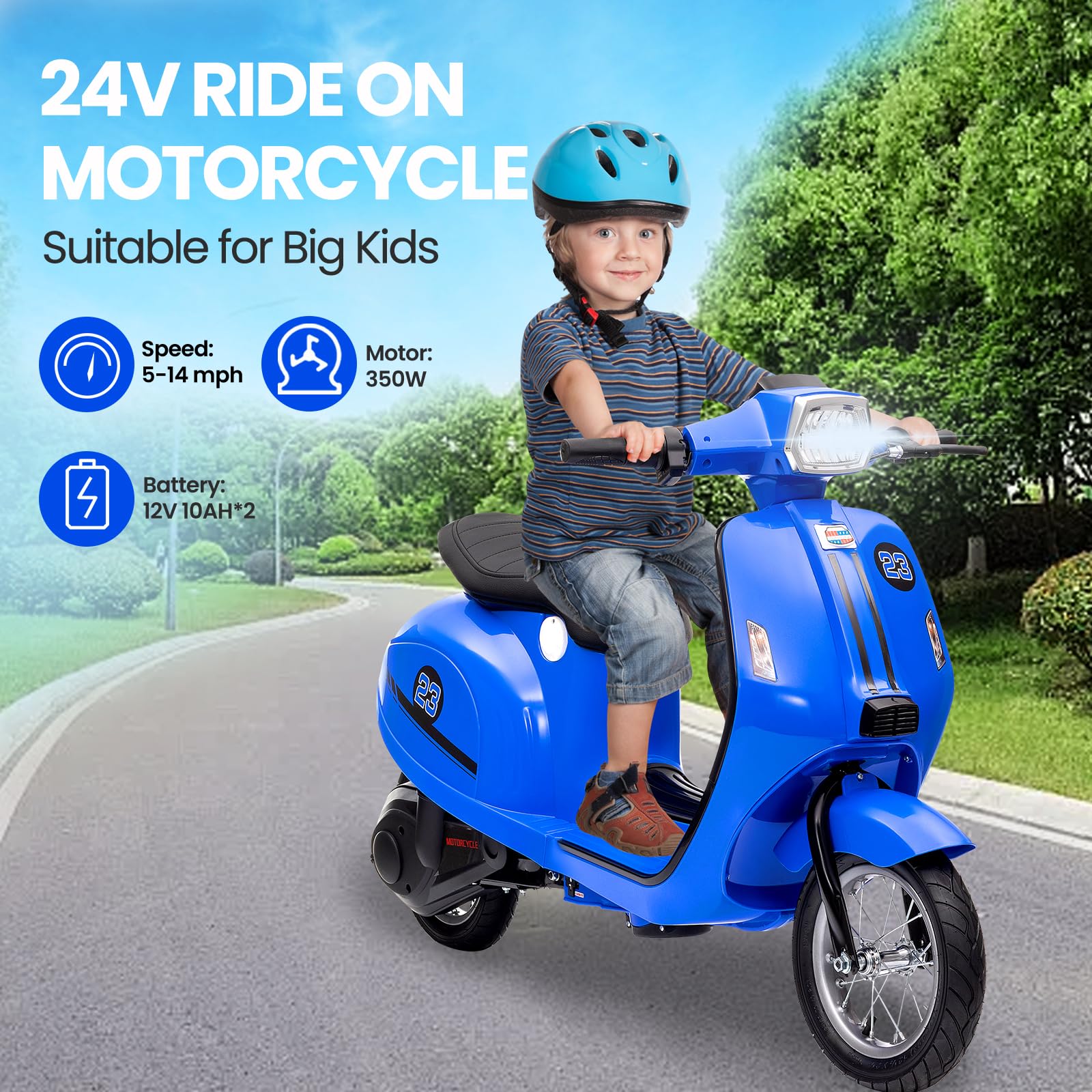 Hipicute Electric Motorcycle for Big Kids, 24V 350W Ride on Moped, Max Up to 14MPH, With Rear Brake, Twist Grip Throttle & LED Light, Motorbike for Teens 8-12, Blue
