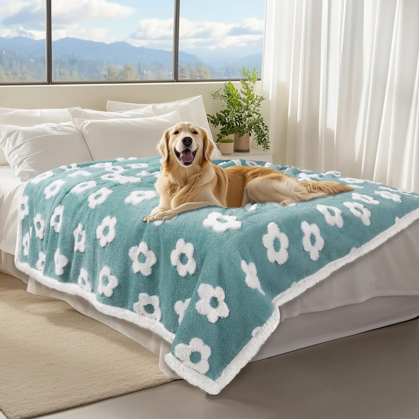 Luciphia Waterproof Pet Blanket for Medium Large Dogs Fluffy Thick Fleece Washable Warm Sherpa Calming Flower Print for Cats Puppy (Blue,85x57 inches)