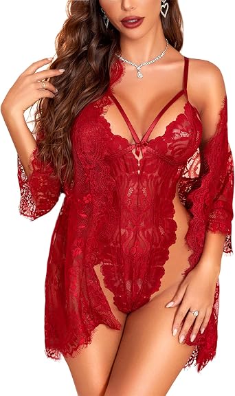 RSLOVE Sexy Womens Lingerie Set - 2 Piece Lace Kimono Robe with Lace Teddy Lingerie Bodysuit Sexy