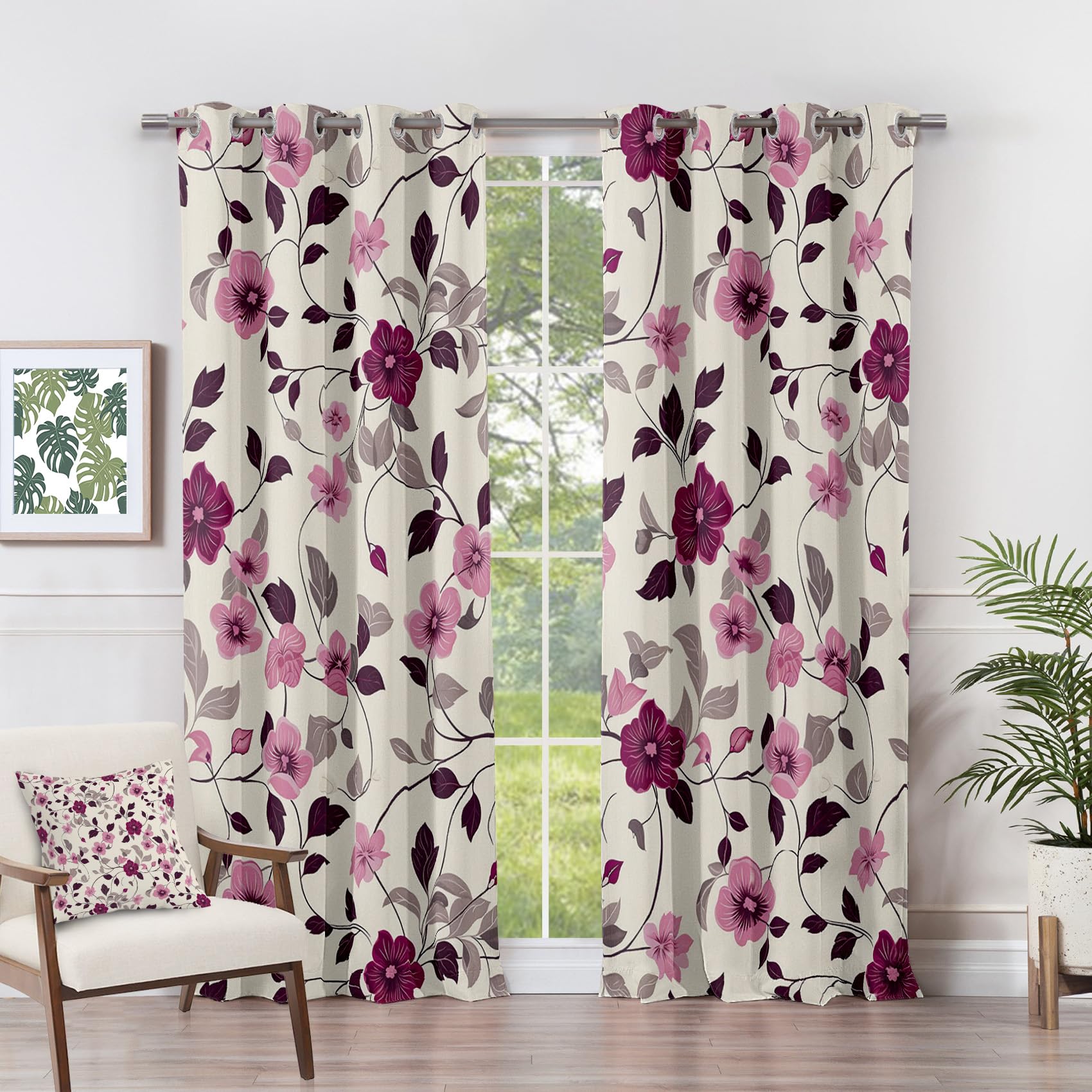Rideau Occultant Fleurs - Rideau Thermique Motif Fleurs Violet Botanique, Rideaux Chambre Salon Fenetre, Lot de 2 Rideaux et Draperies Intérieurs à Oeillets, 117x183 cm (LxH) J#-15