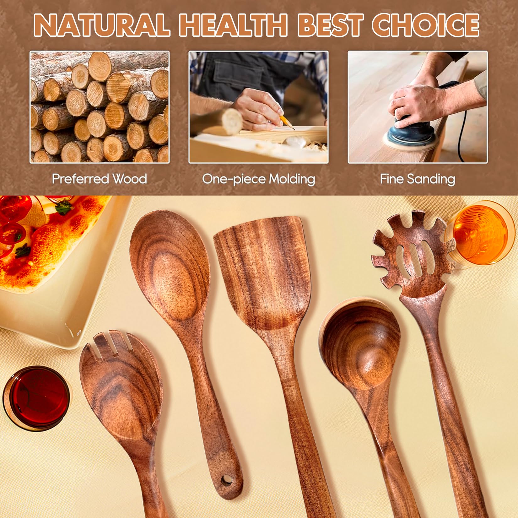 Juego de 5 utensilios de cocina de madera, juego de utensilios de cocina de madera de acacia natural para cocinar, juego de utensilios de cocina de madera antiadherente, juego de herramientas de