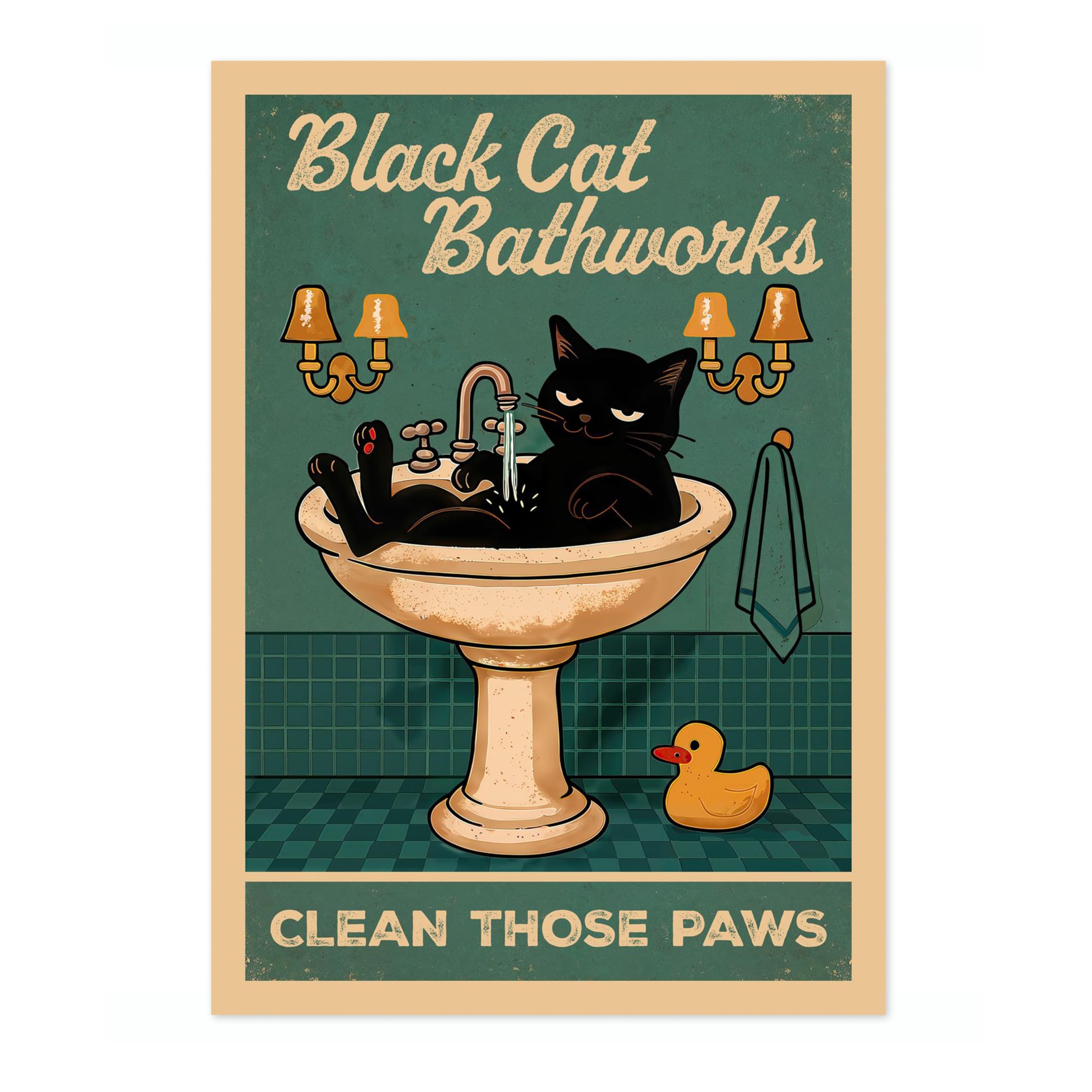 Black Cat Bathworks Poster, Retro Animal Bathroom Print, Comedy Toilet Wall Art, A2 (Print Only) - 59.4x42cm — image 1