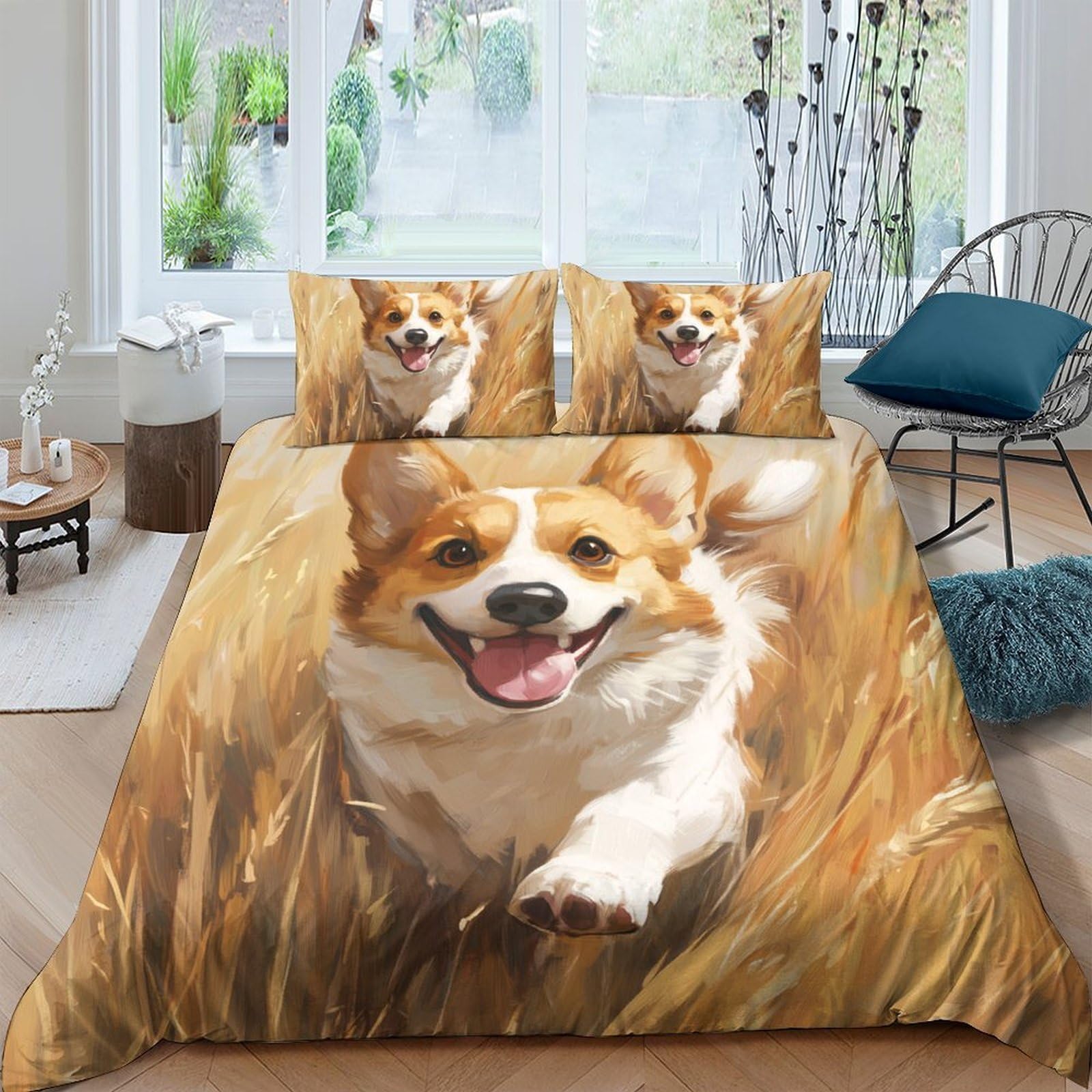 Ctjqhvkz Style-3 3D Printed Running Corgi Fitted Sheet Microfiber Soft Animal Dog Bed Cover For Bedroom Guest Room Easy Care Decor Single（135X200cm）