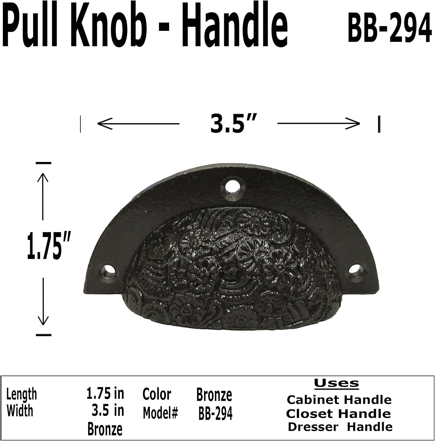 3.5" Brass File Cabinet Style - BB-294 - Cabinet Knob Handle - for Gate, Drawer, Closet, Cabinet, Dresser - Brass Finish for Interior & Exterior Designing - BB-294 (10)