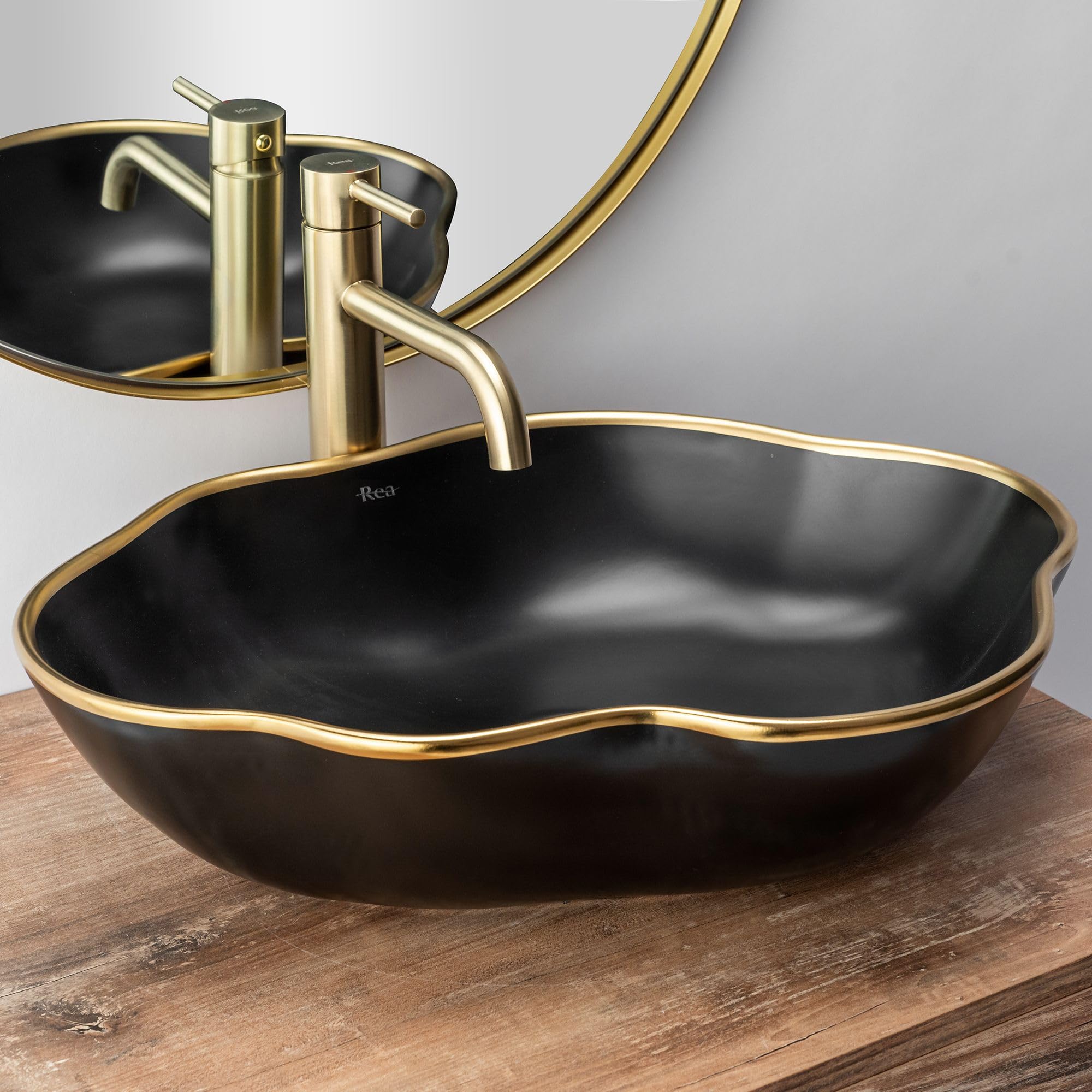 REA Grifo de baño Mezclador de Lavabo Grifo Monomando para baño Altura 28 cm Grifo de Acero Inoxidable Dorado Mate