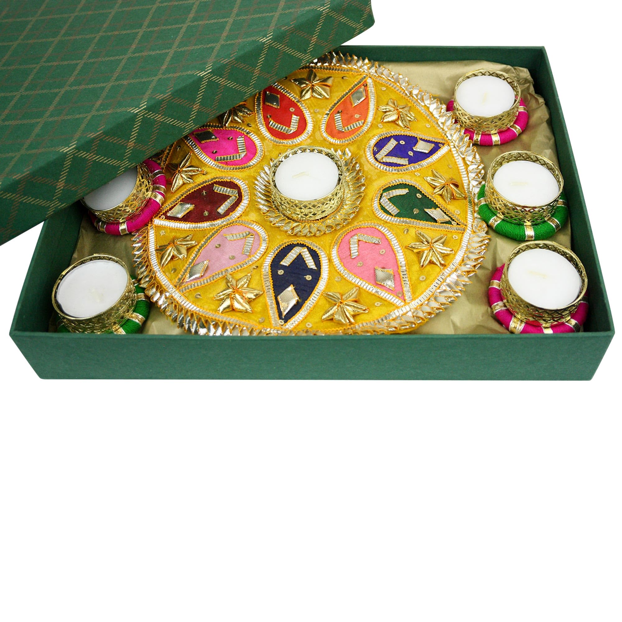 Emartbuy Traditional Handcrafted Gota Rangoli Diya Tea Light Candle Holder Set of 7 - Image 3