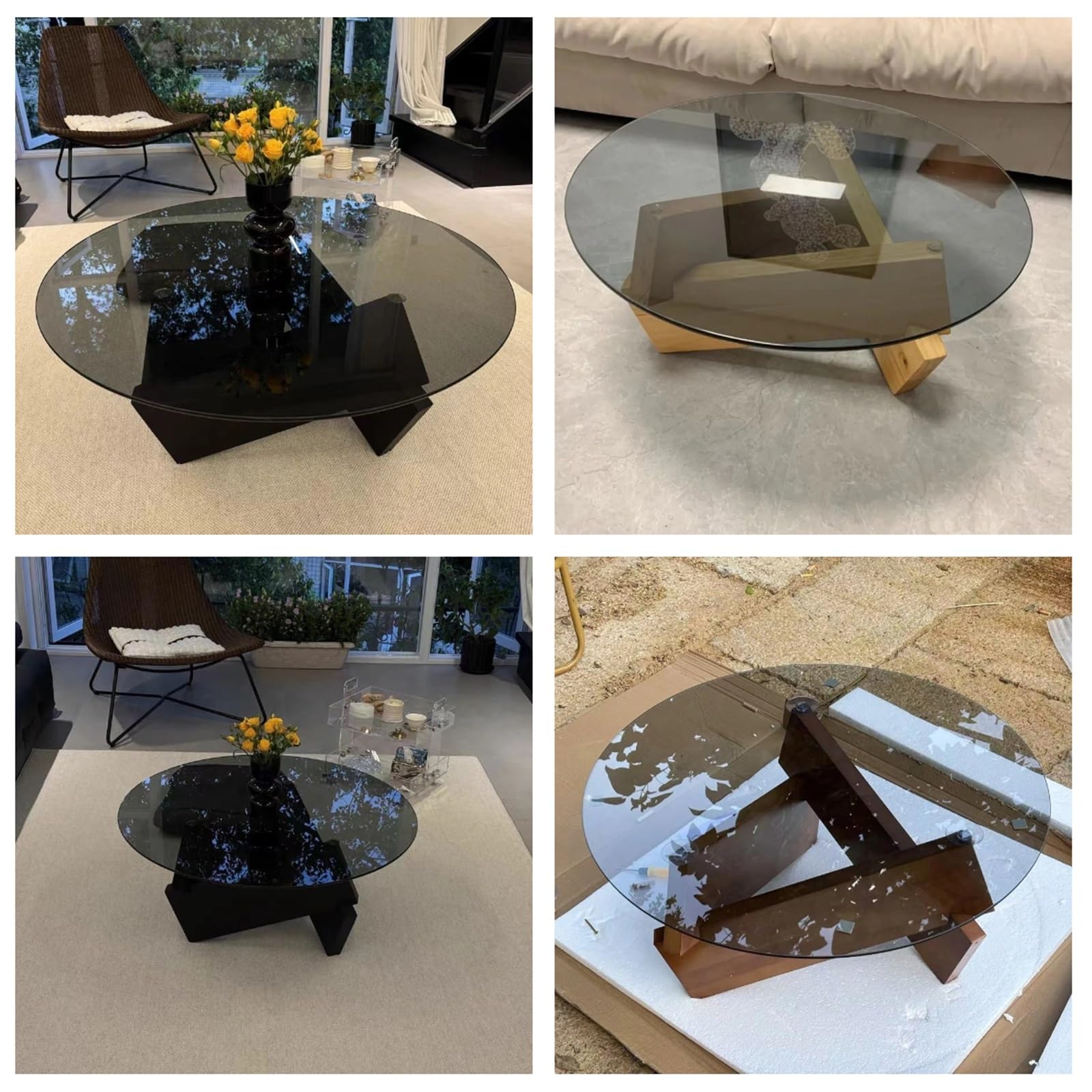 Okrągły szklany stolik kawowy z drewnianymi nogami, blat ze szkła hartowanego, solidna podstawa, minimalistyczny design, idealny do mieszkania lub biura, łatwy częściowy montaż