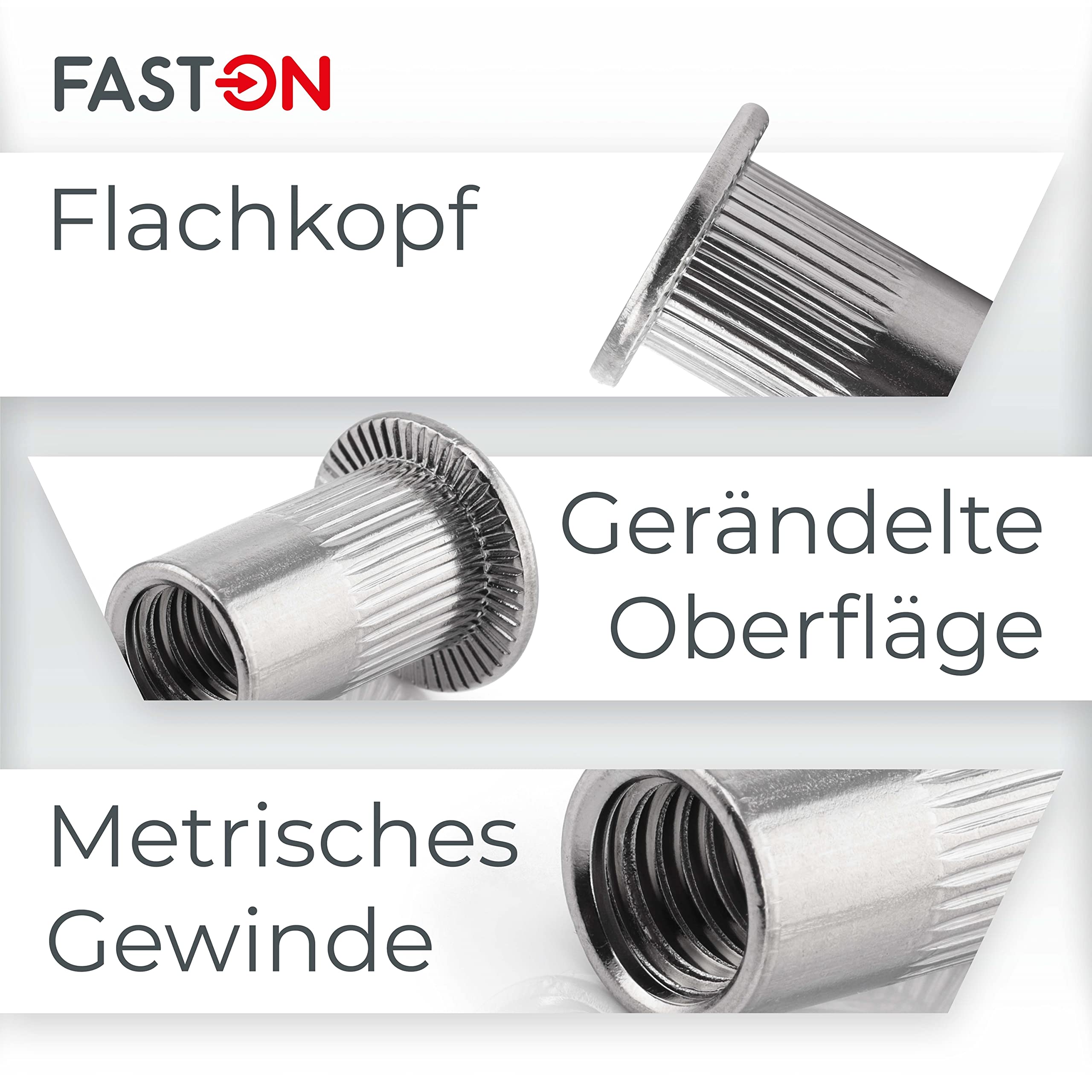 FASTON® Flachkopf Einnietmuttern Rundschaft M10x22 mm Edelstahl A2 V2A (50 Stück) Blindnietmutter Blindmuttern Rund Gewinde Offen Gerändelt Nietmuttern Gewindenieten