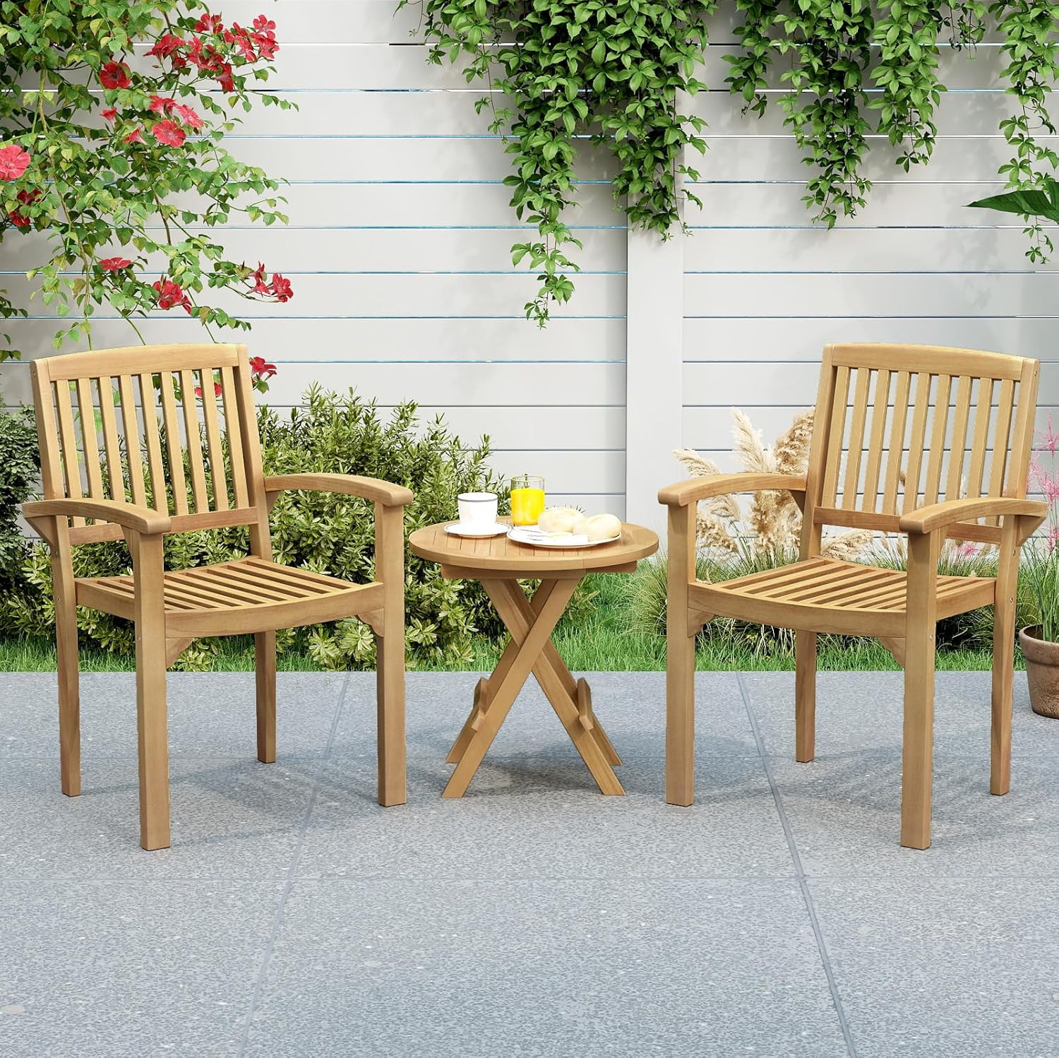 Tangkula Outdoor Patio Wood Dining Chair, Teak Wood Armchair with Slatted Seat & Curved Seat, Ergonomic Armrests, Solid Wooden Legs, for Balcony, Poolside, Porch, Yard (1)