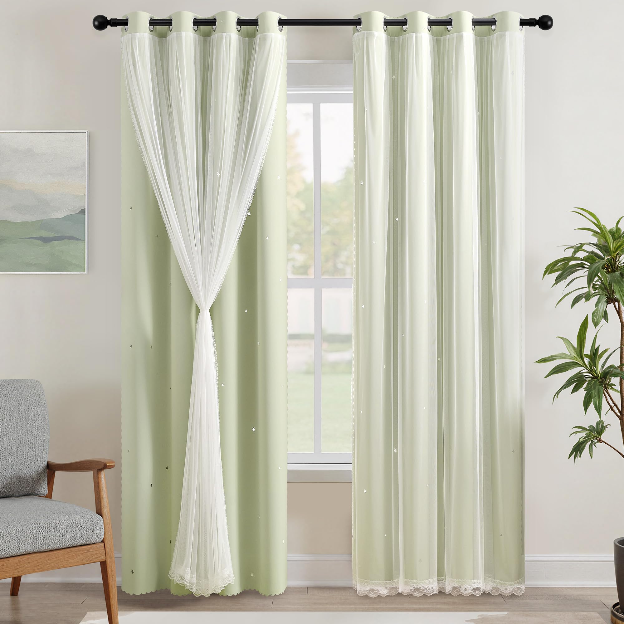 XiDi Green Curtains for Bedroom, Girls Room Blackout Curtains, Kids Room Darkening Curtains, Light Green Decor, 1 Panel Sage Green/34/63/1 โ image 1