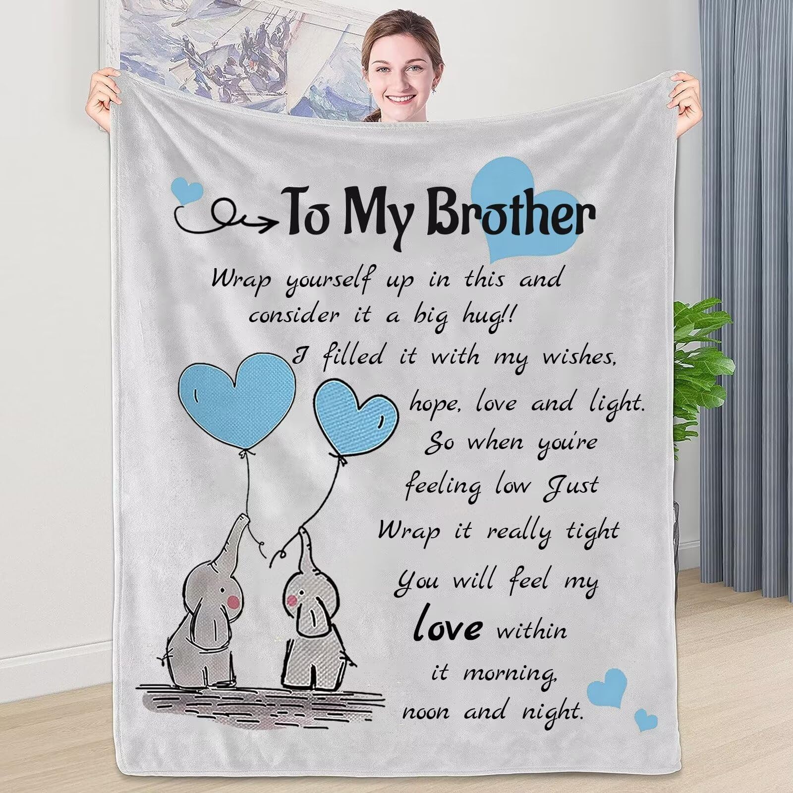 WJMSDK Gifts For Brother - Personalised Elephant Cotton Wool Flannel Blanket, 130*150cm, Blue, Unisex, All Seasons, Warm, Rustic, Machine Wash, Camping, Travel, Home, Office