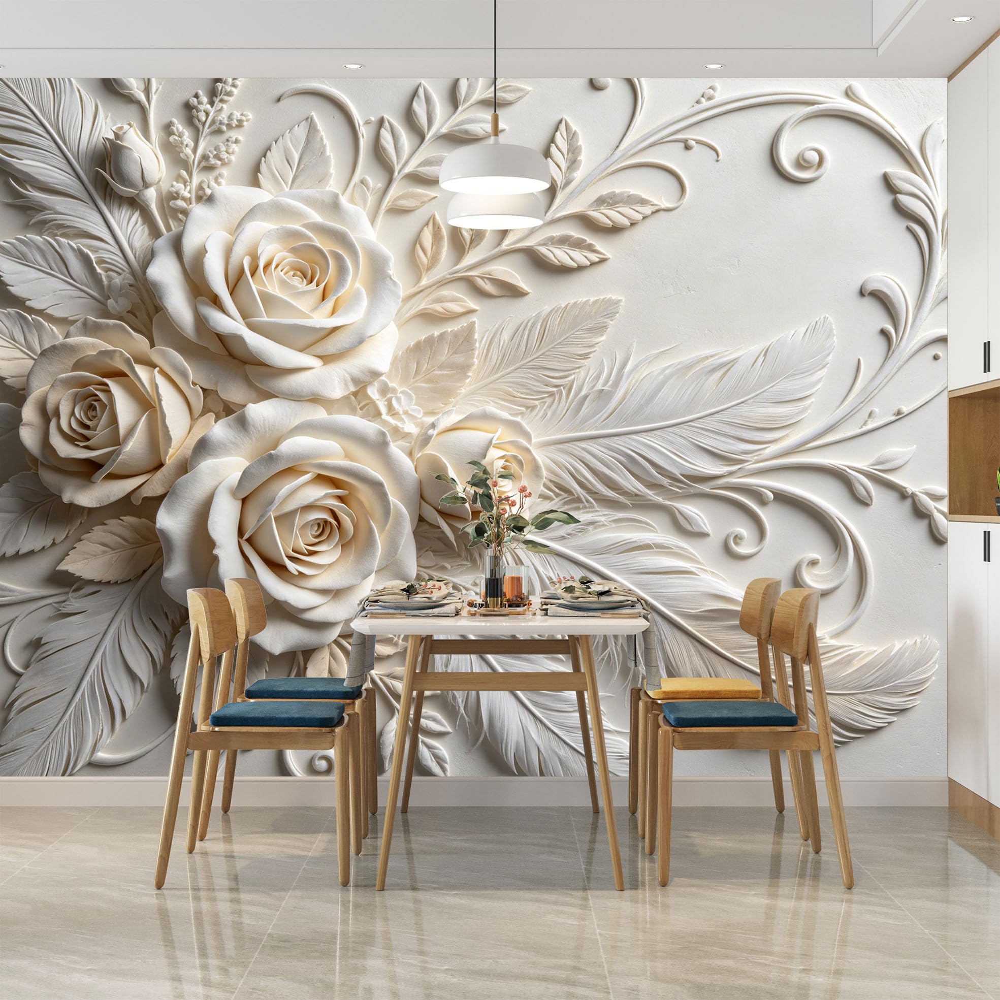Carta Da Parati per Camera Da Letto con Rose Bianche In Rilievo 3D 500X350 Cm/200X140 Pollici (L X A) Carta Da Parati Decorativa In Tessuto Non Tessuto Grande Murale Floreale Poster Effetto Rilievo