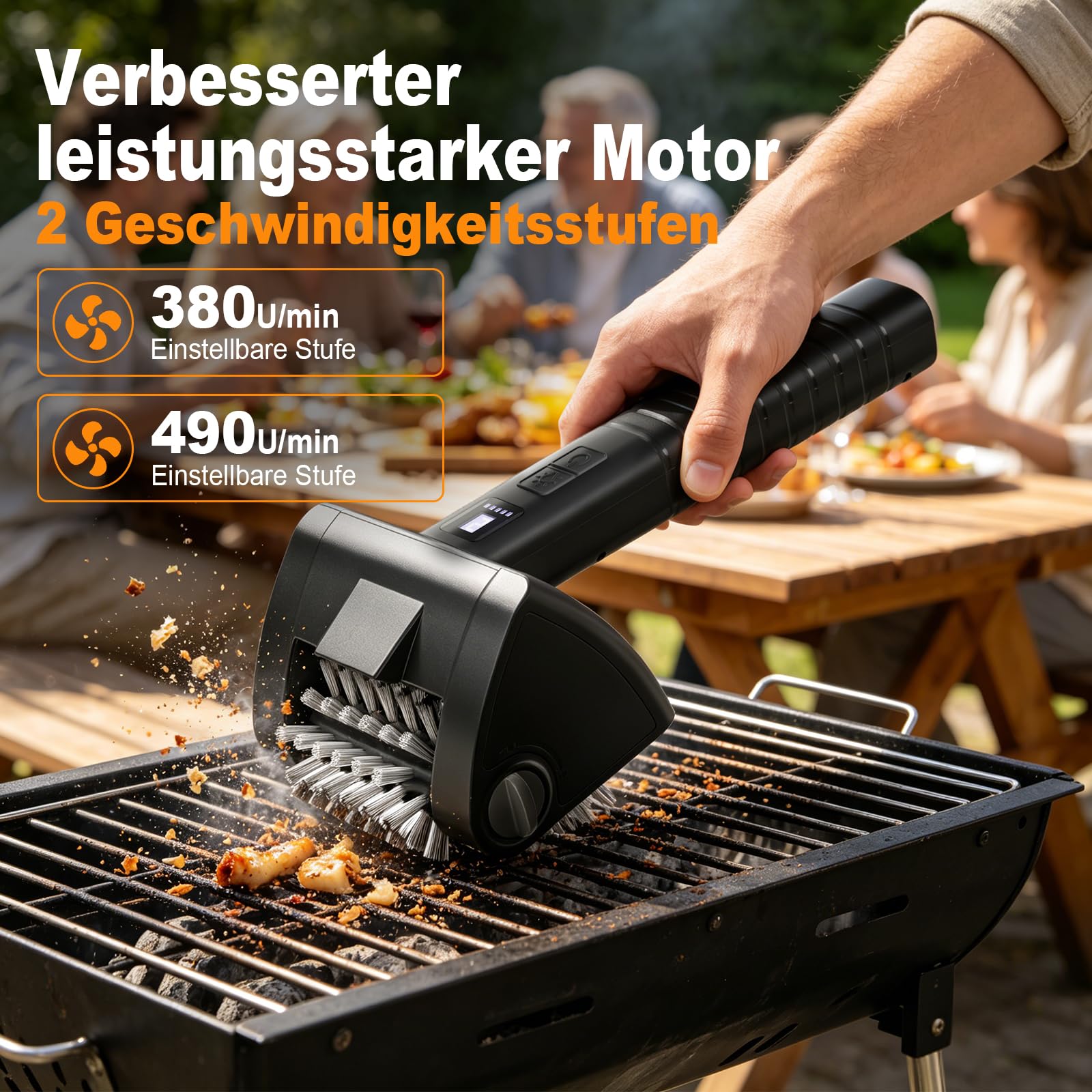 Elektrische Grillbürste Kabellos 4000mAh Akku 304 Edelstahl für Grillrost | Reinigungsbürste mit 2-Stufen Reinigung, 90 Min Laufzeit, LED-Licht, Wasserdicht und BBQ-Grillbürste für Männer