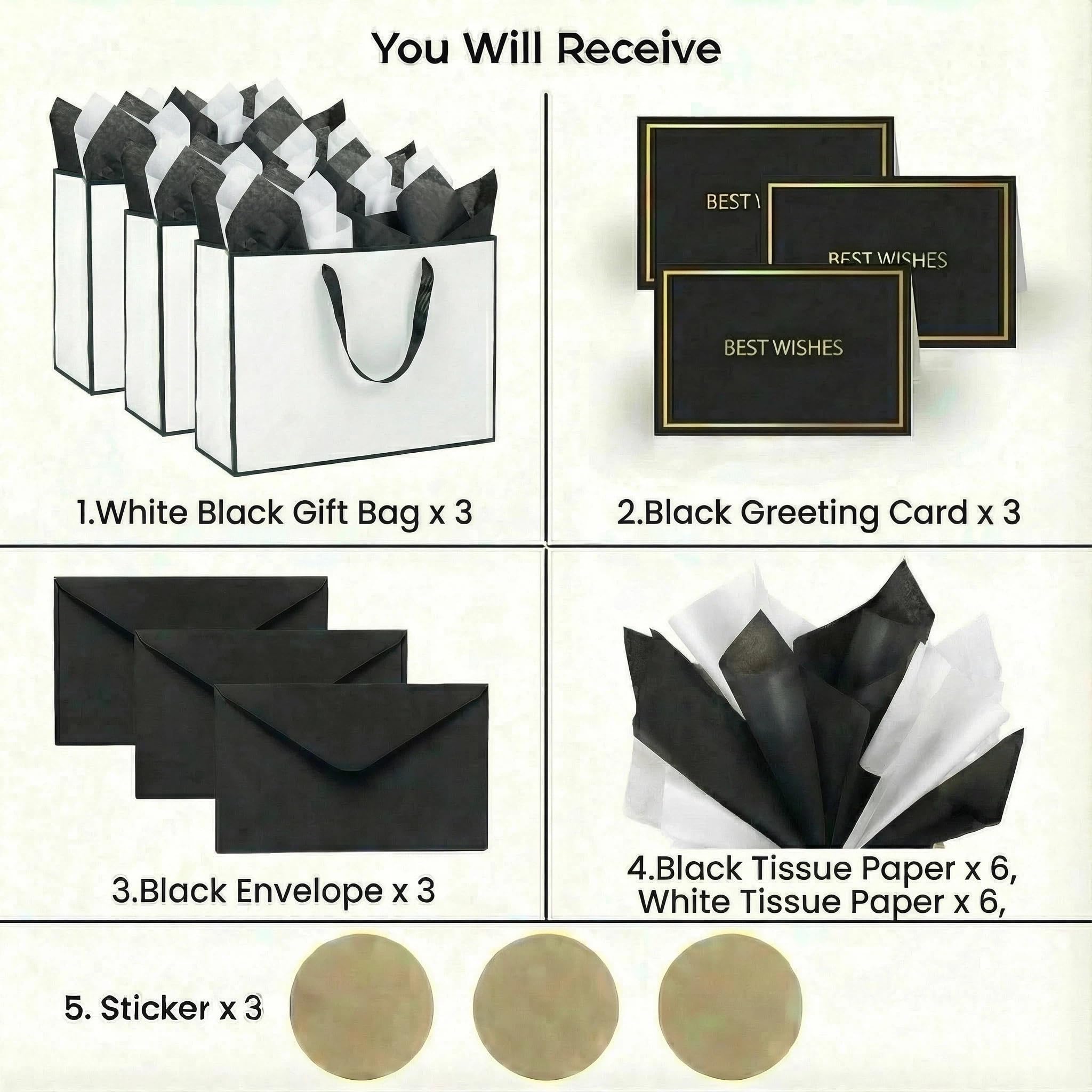 JUNESHE Lot de 3 grands sacs cadeaux blancs et noirs de 35,1 cm avec poignées assorties en papier de soie blanc et noir pour fête, shopping, anniversaire, mariage