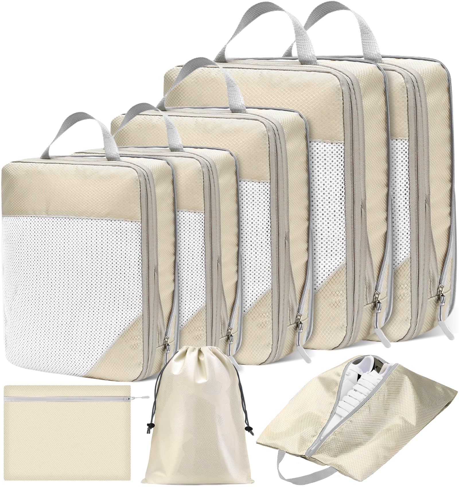 8 Teilige Compression Packing Cubes Set,Kleidertaschen,Schuhtaschen,Koffer Organizer Set,Organizer Packing Cubes Compression,für Koffer,Backpack,Reise organizers,Ordnungssystem für Koffers-Beige