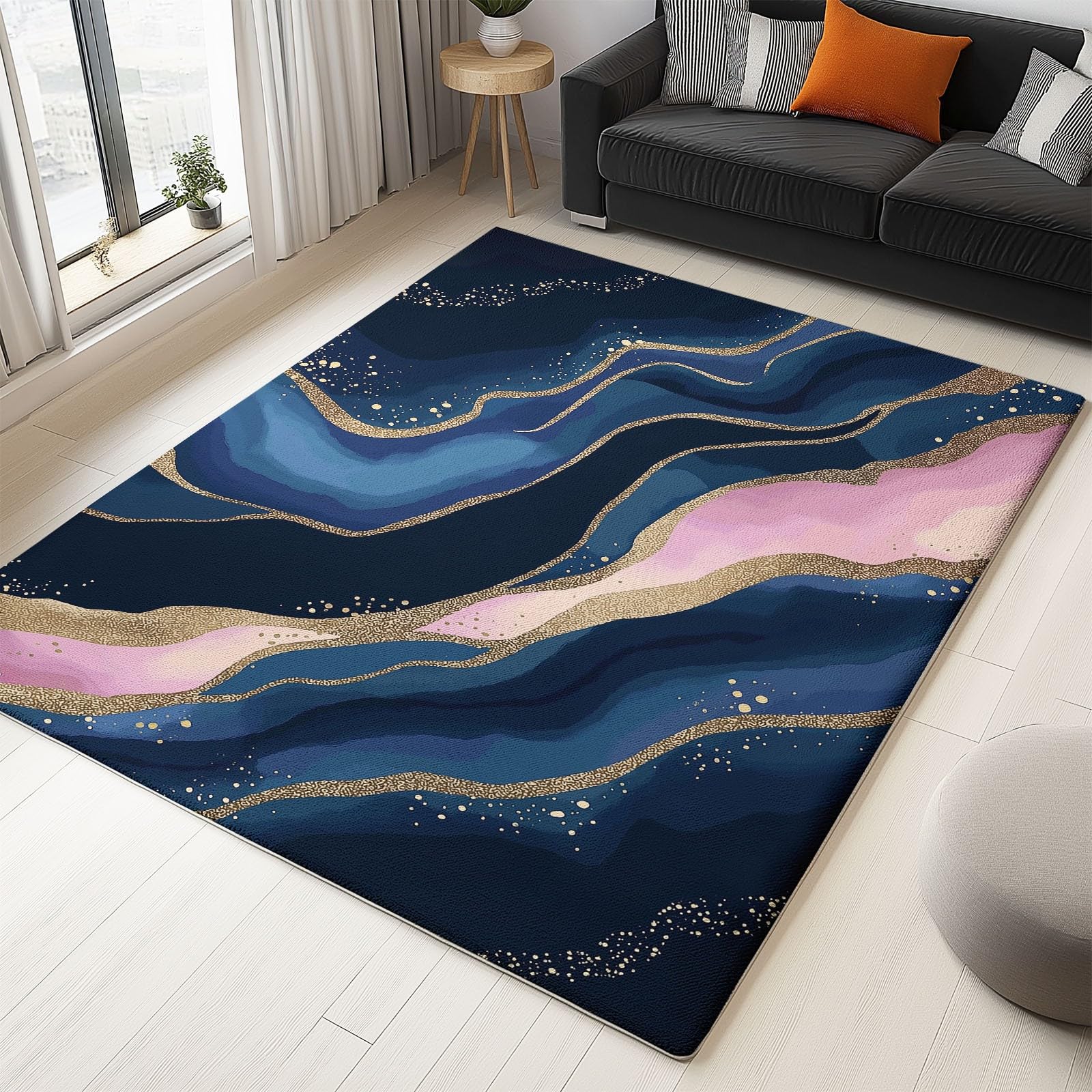 Tappeto 60 X 90 Cm Lusso Leggero Motivo Dorato Fluido, Tappeto In Flanella Pelo Corto Morbido – Lavabile In Lavatrice, Antiscivolo, Facile Da Pulire – Per Salotto, Camera Da Letto – Blu Rosa