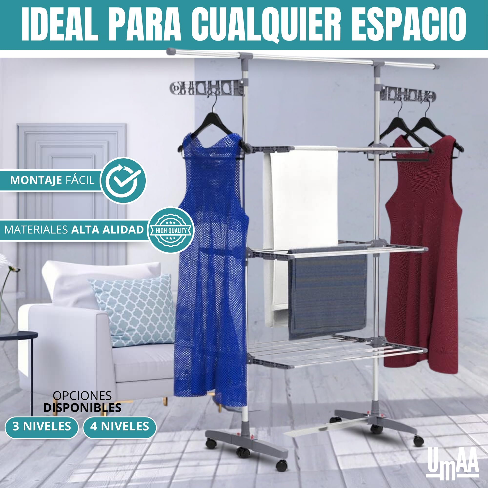 UMAA Tendedero Vertical Plegable Tendedero de Ropa con 6 Ruedas 2 Laterales Abatibles Estantes Ajustables y Marco de Acero Inoxidable para Interior y Exterior Blanco (167 X 67 X 165 CM)