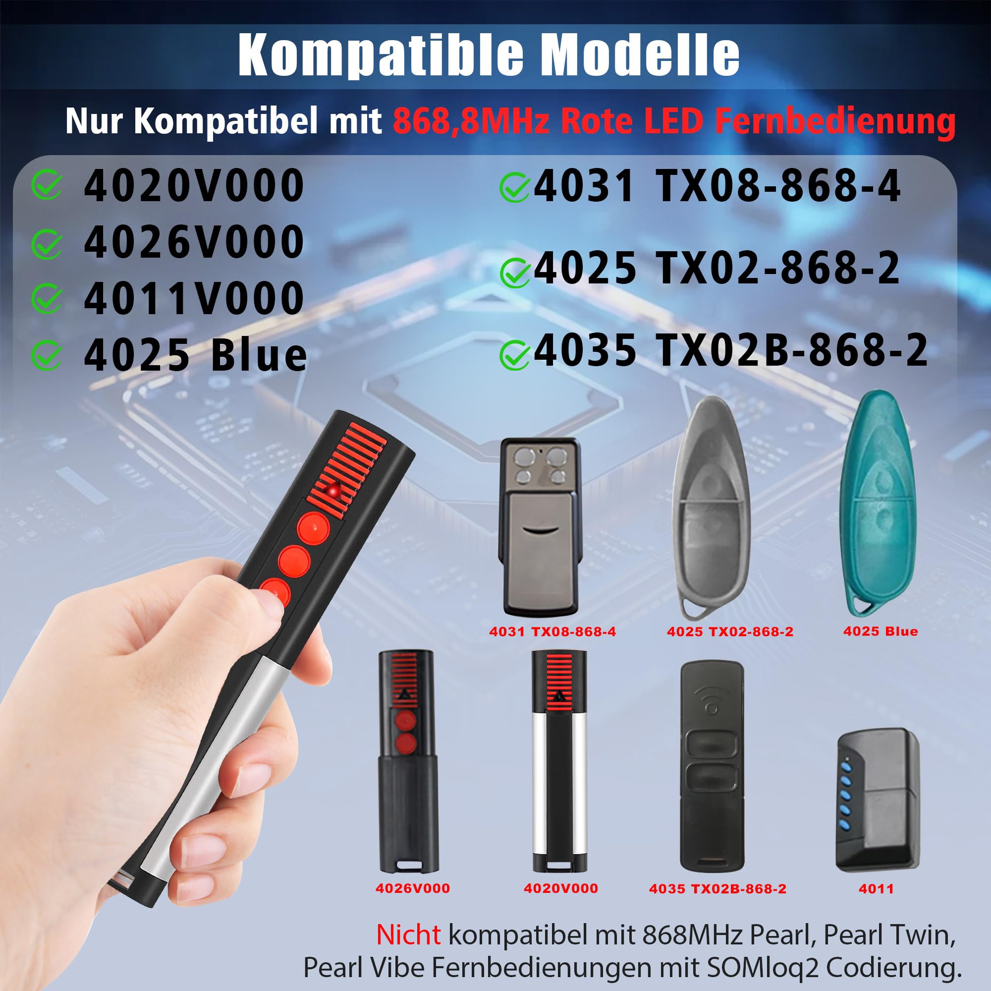 pepape 2 pièces télécommande Garage pour Sommer 4020 TX03-868-4, 4020V000, 4026 TX03-868-2, 4025 TX02-868-2, Compatible avec Sommer Red LED 868,8 MHz ouvre-Porte de Garage