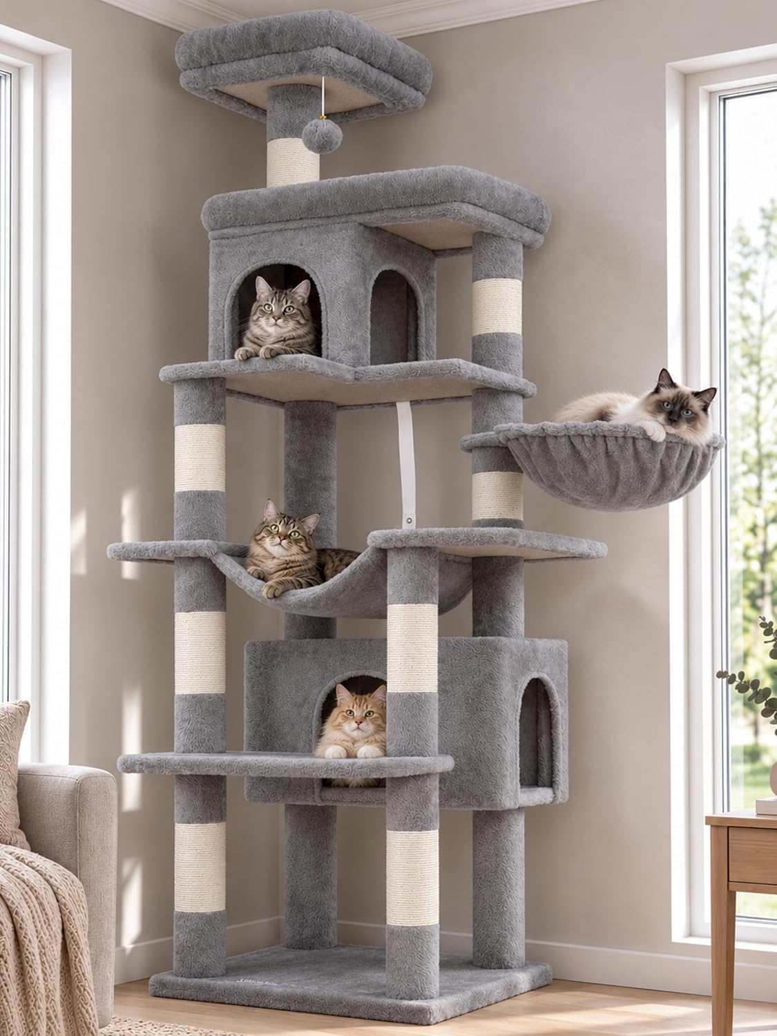 Heybly Cat Tree, 178 cm Wysokości, Drapak Dla Kotów Domowych, Drapak Dla Kota Z 8 Drapakami, 2 Jaskiniami, 2 Platformami, Hamakiem, Koszem, Pluszowym Baldachimem, Jasny Szary HCT036W